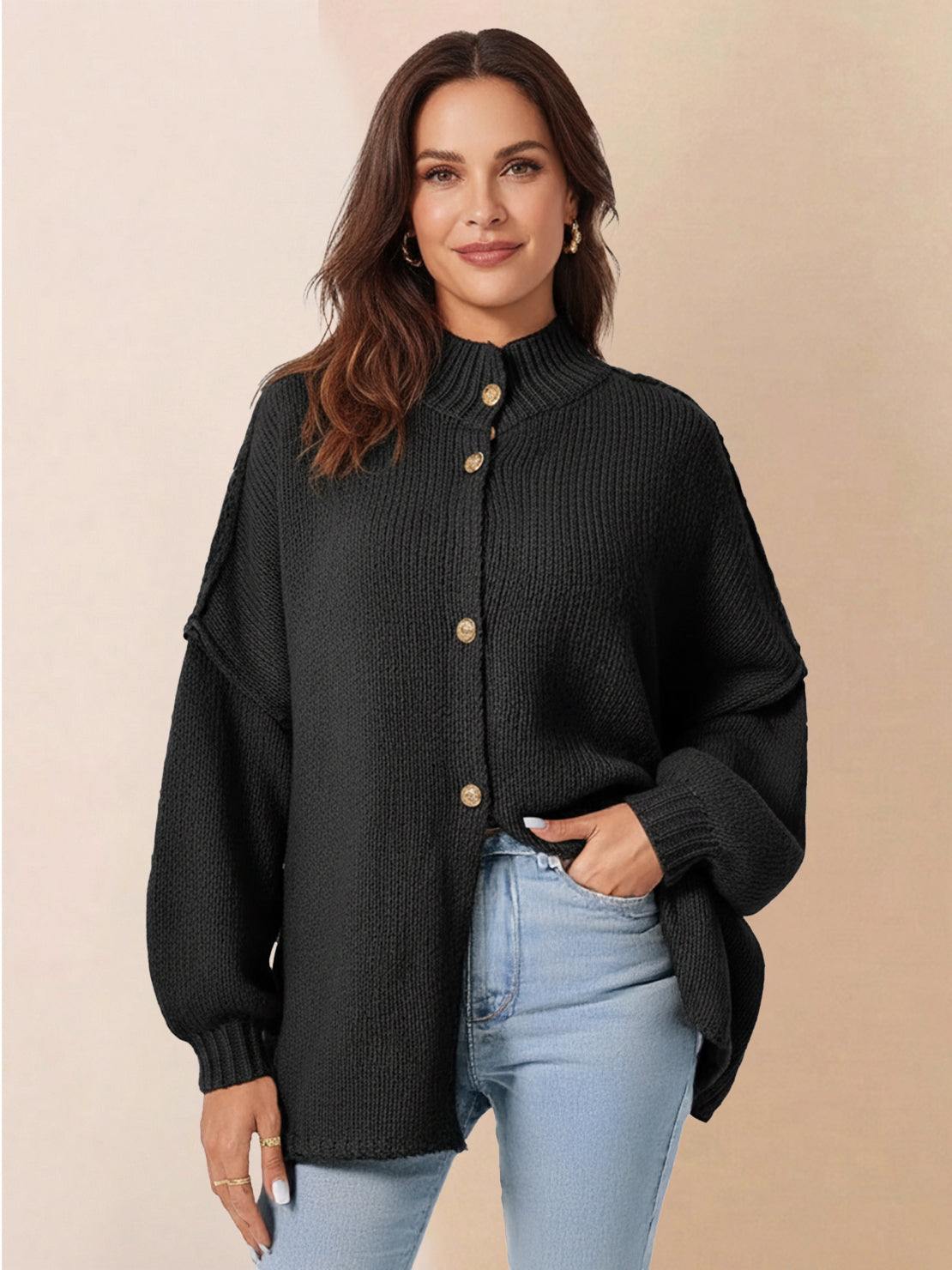 Oversized button-front knit cardigan with balloon sleeves and gold-tone buttons