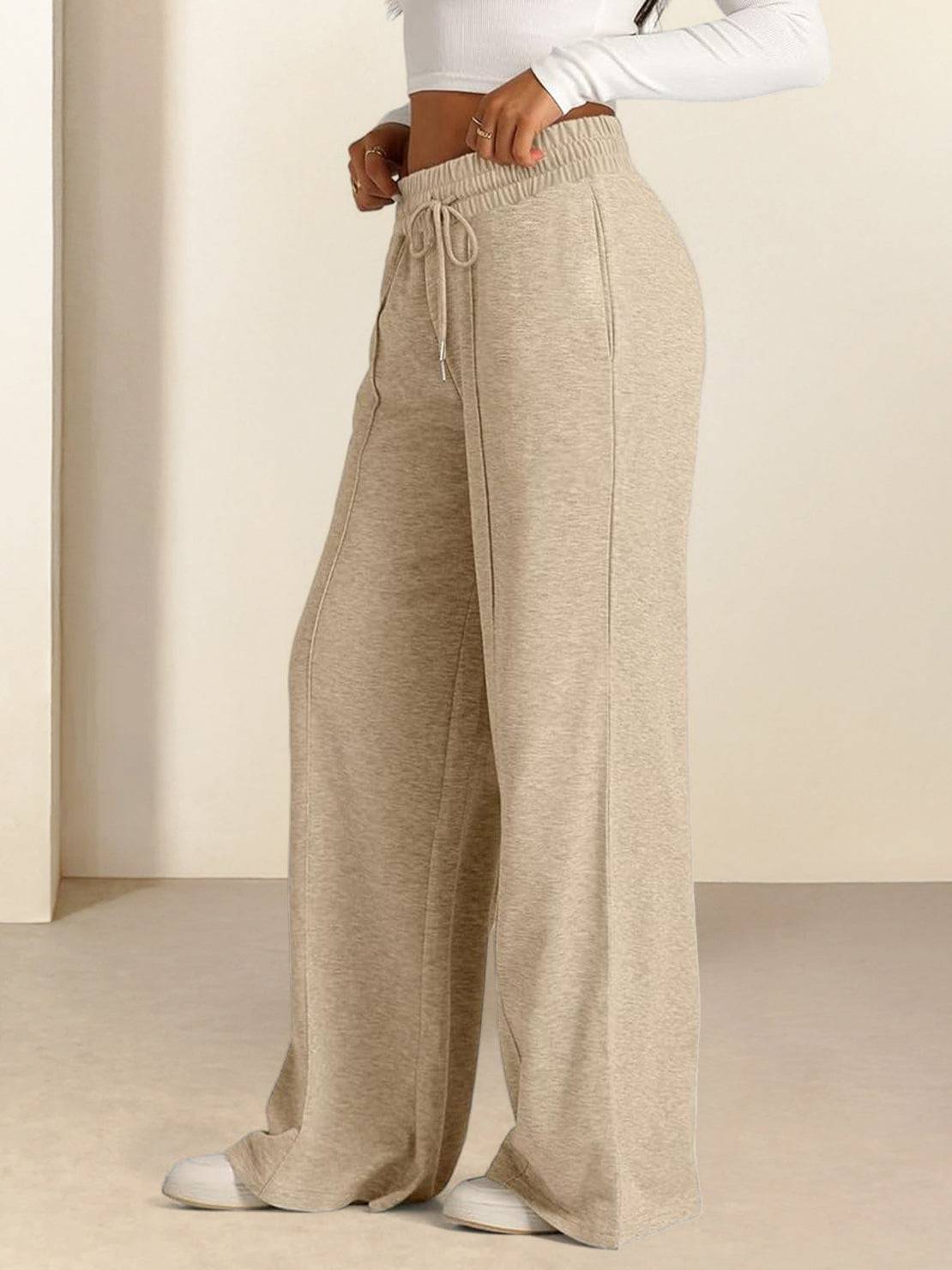 Soft knit wide-leg pants with elastic drawstring waist and side pockets in breathable fabric