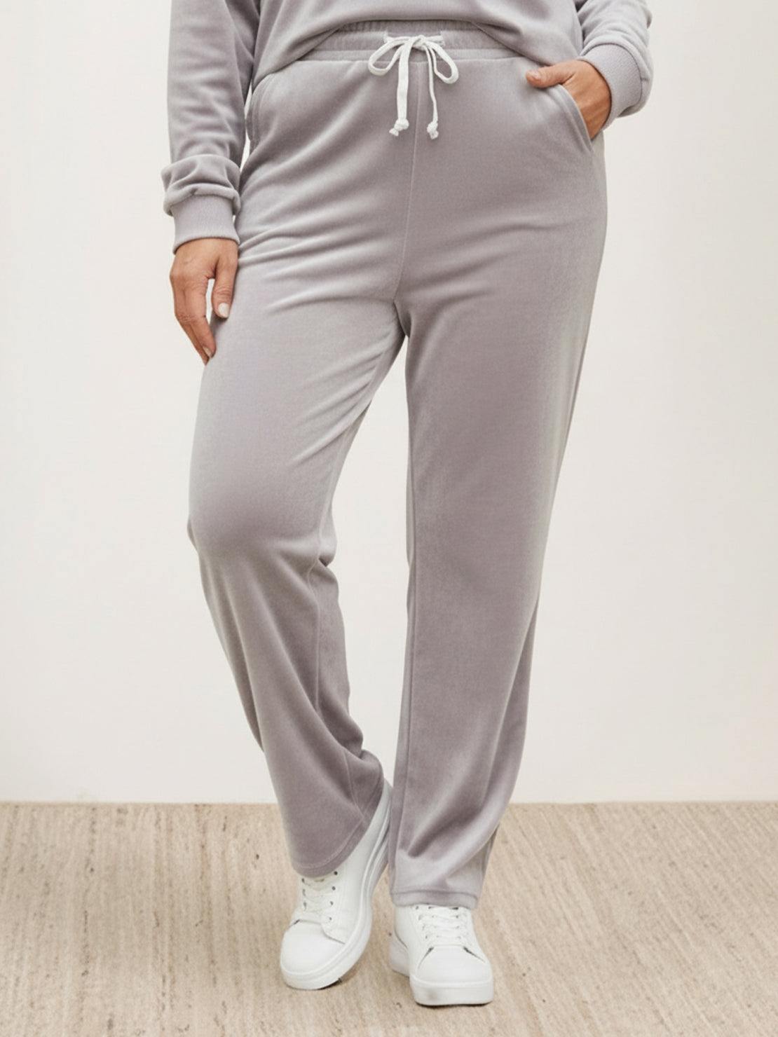 plus size velour zip-up tracksuit with hoodie and straight-leg pants in soft fabric
