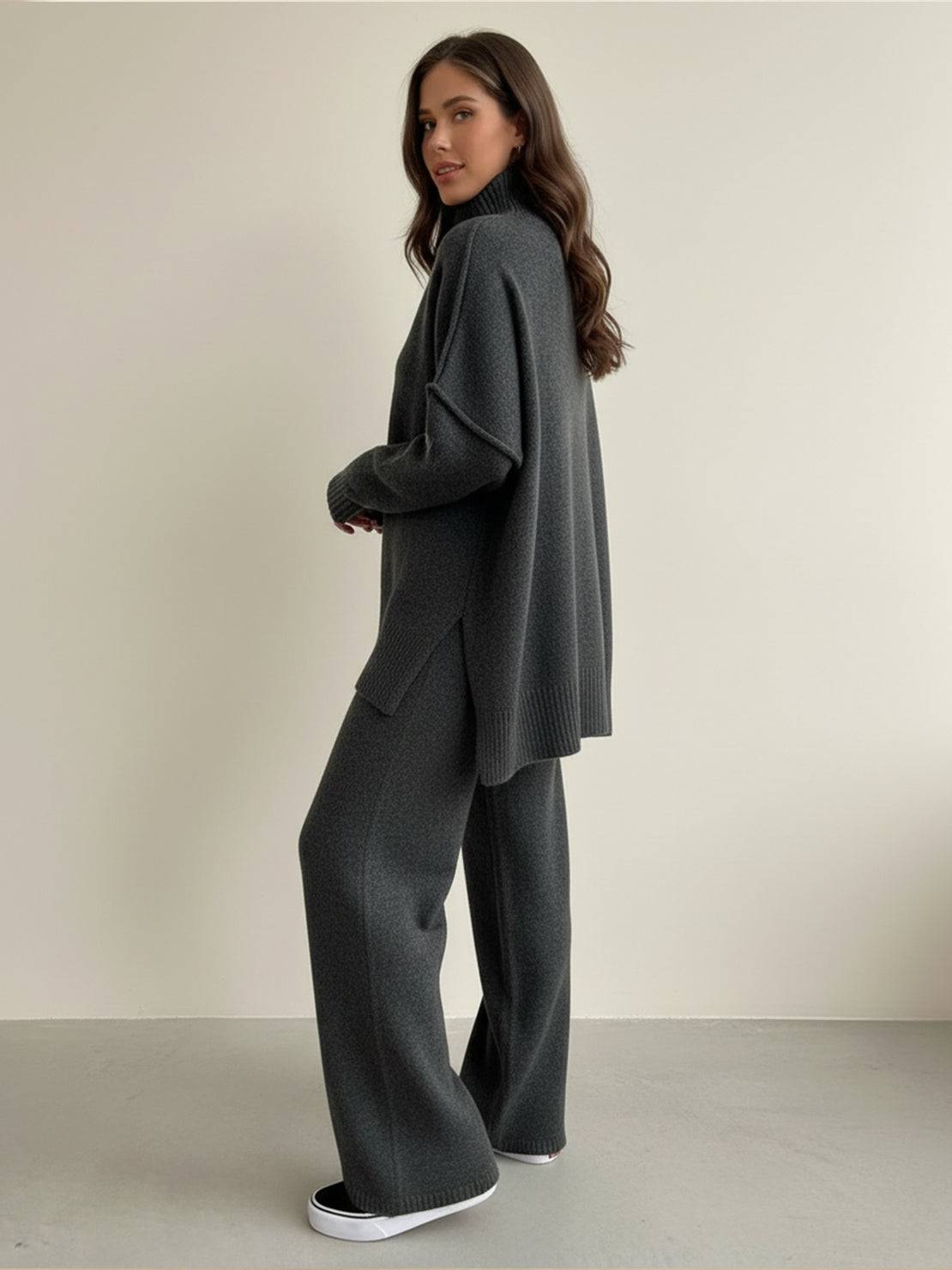 Soft-Knit Turtleneck two-piece set with relaxed fit and wide-leg pants