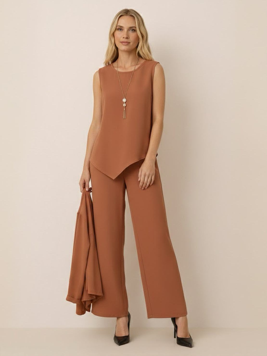 Open-front three-piece co-ord with longline cardigan, tank top, and wide-leg trousers in lightweight knit fabric