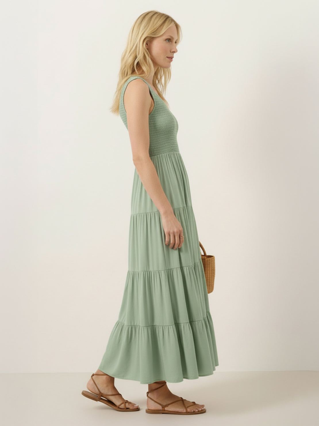 Smocked sleeveless maxi dress with tiered skirt and scoop neckline in lightweight fabric