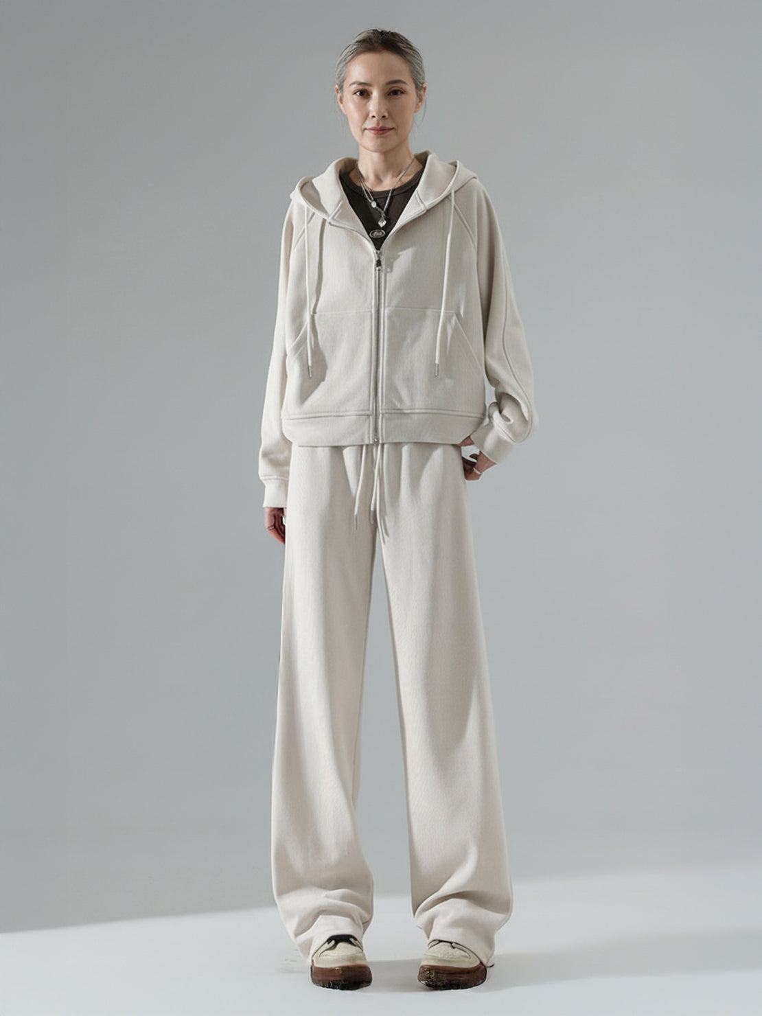 Chenille zip-up loungewear set with hoodie and wide-leg pants in soft, subtle sheen fabric