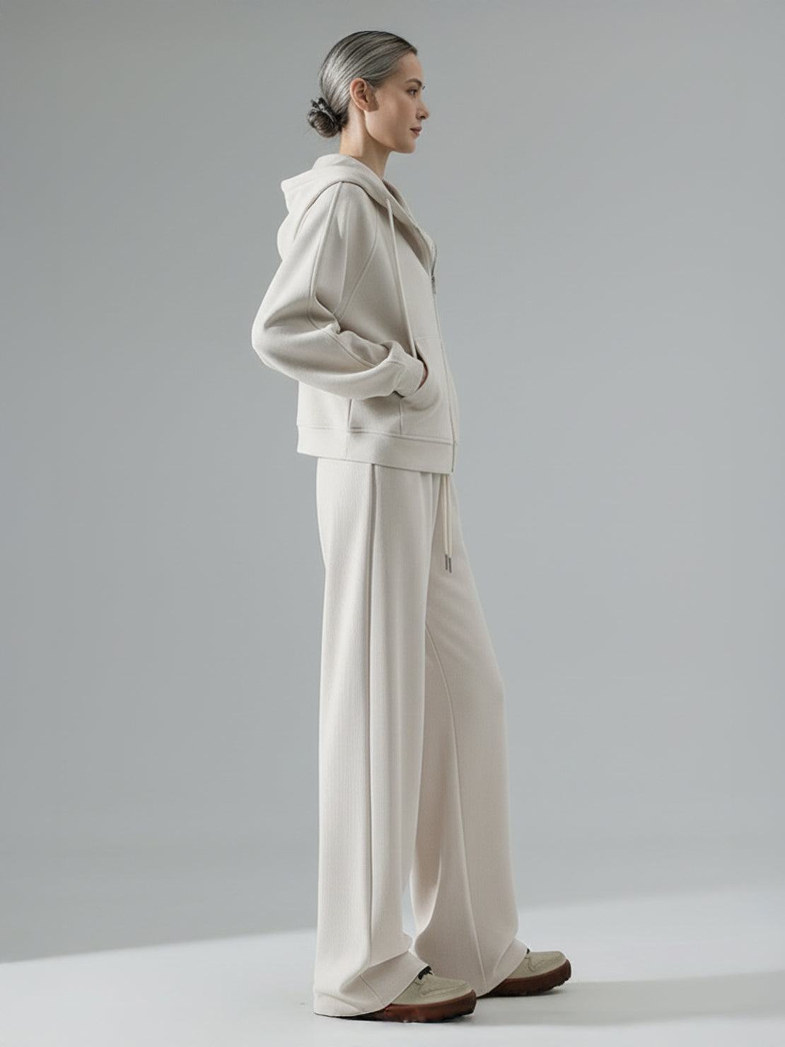 Chenille zip-up hoodie and wide-leg pants loungewear set in soft fabric