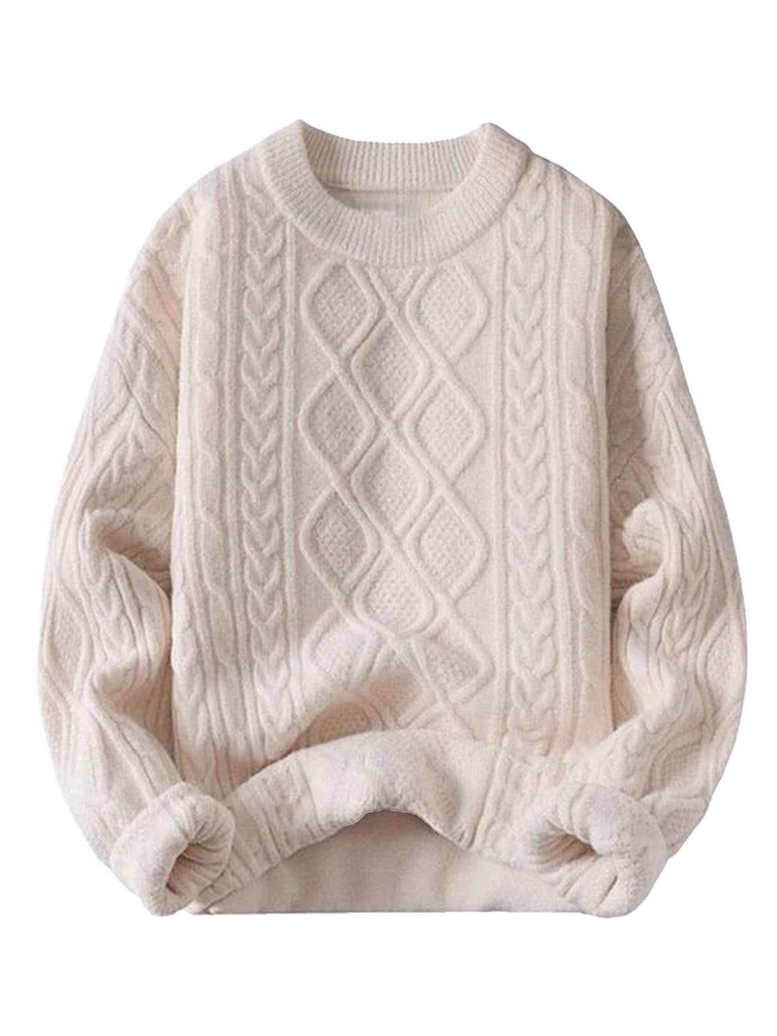Oversized cable-knit crewneck sweater with dropped shoulders and ribbed cuffs