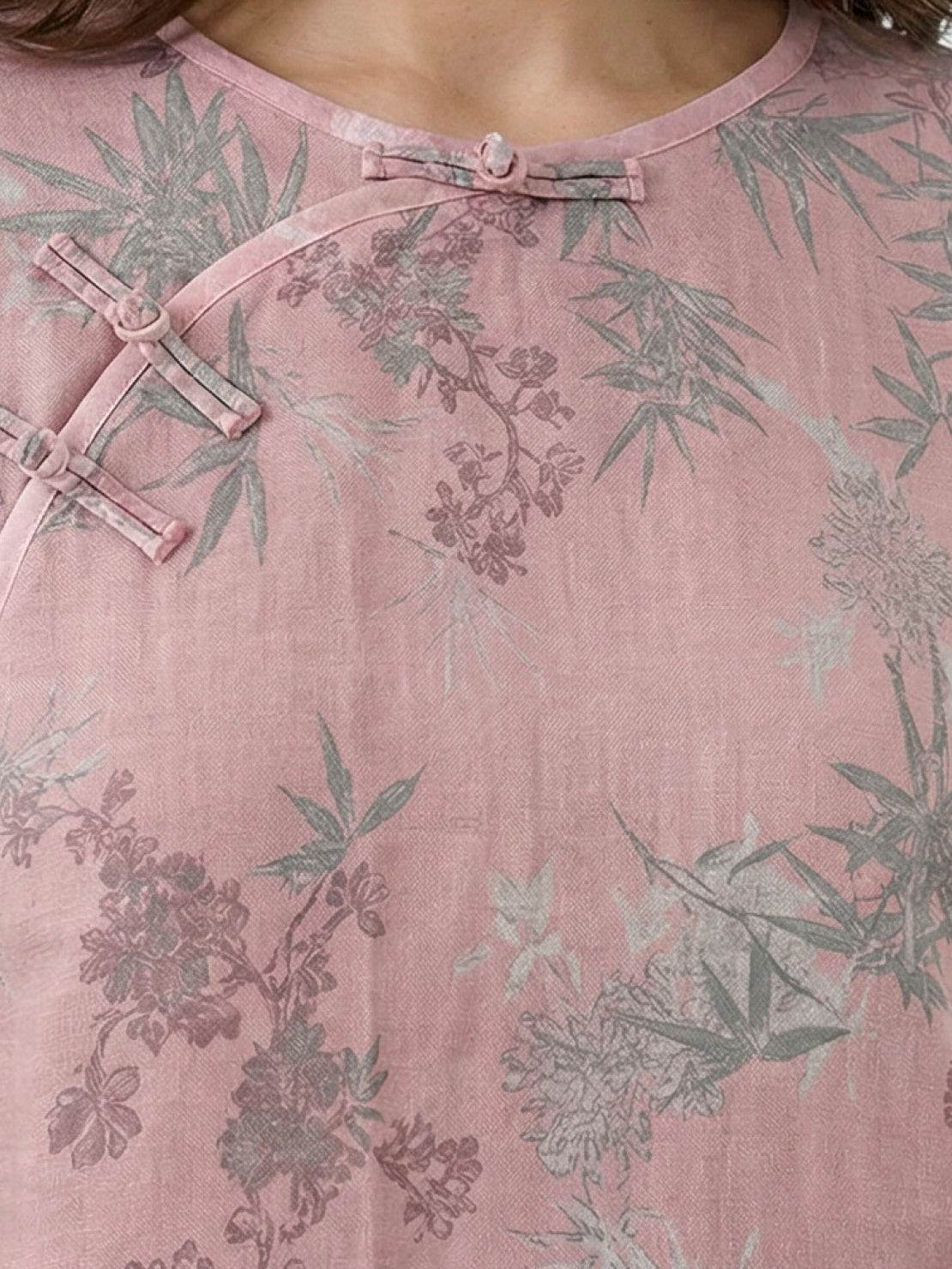 100% cotton Chinese Pankou pajamas set with tunic top and wide-leg pants, traditional frog closures and bold landscape print