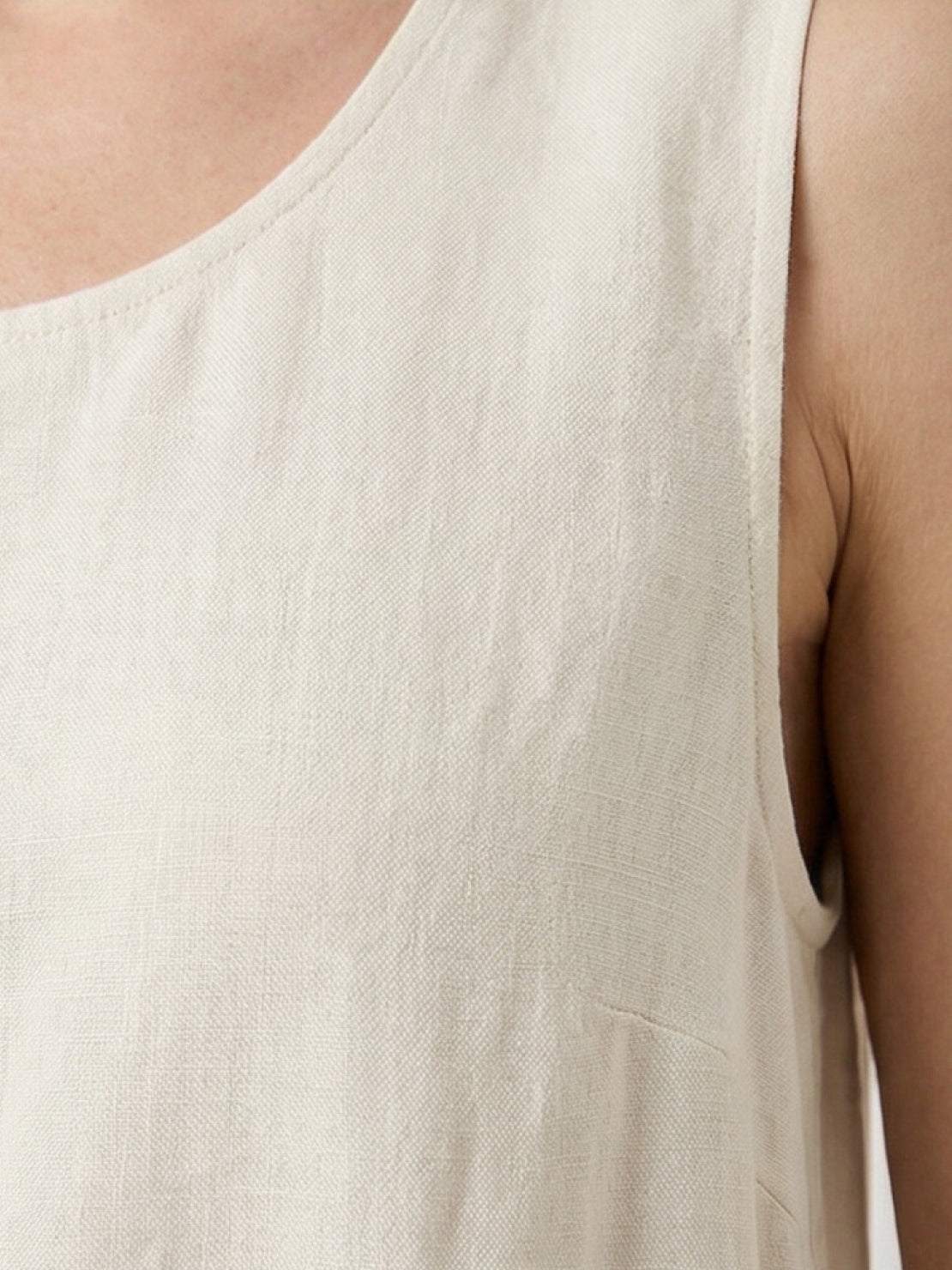 Cotton linen sleeveless maxi dress with round neckline and loose ankle-length fit