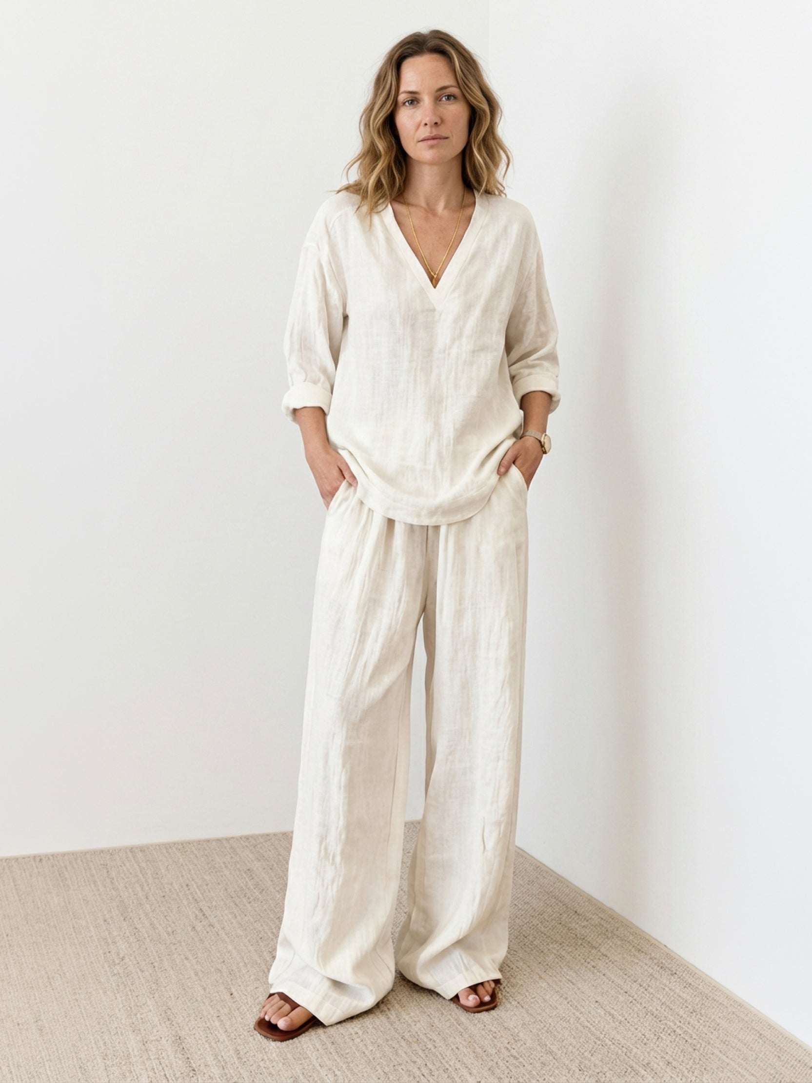 100% cotton linen set with V-neck top and wide-leg pants