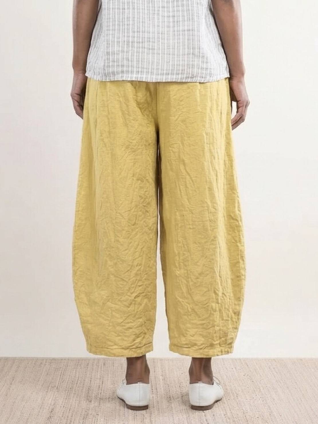 100% linen harem balloon pants with elastic waistband and drawstring in light beige linen fabric