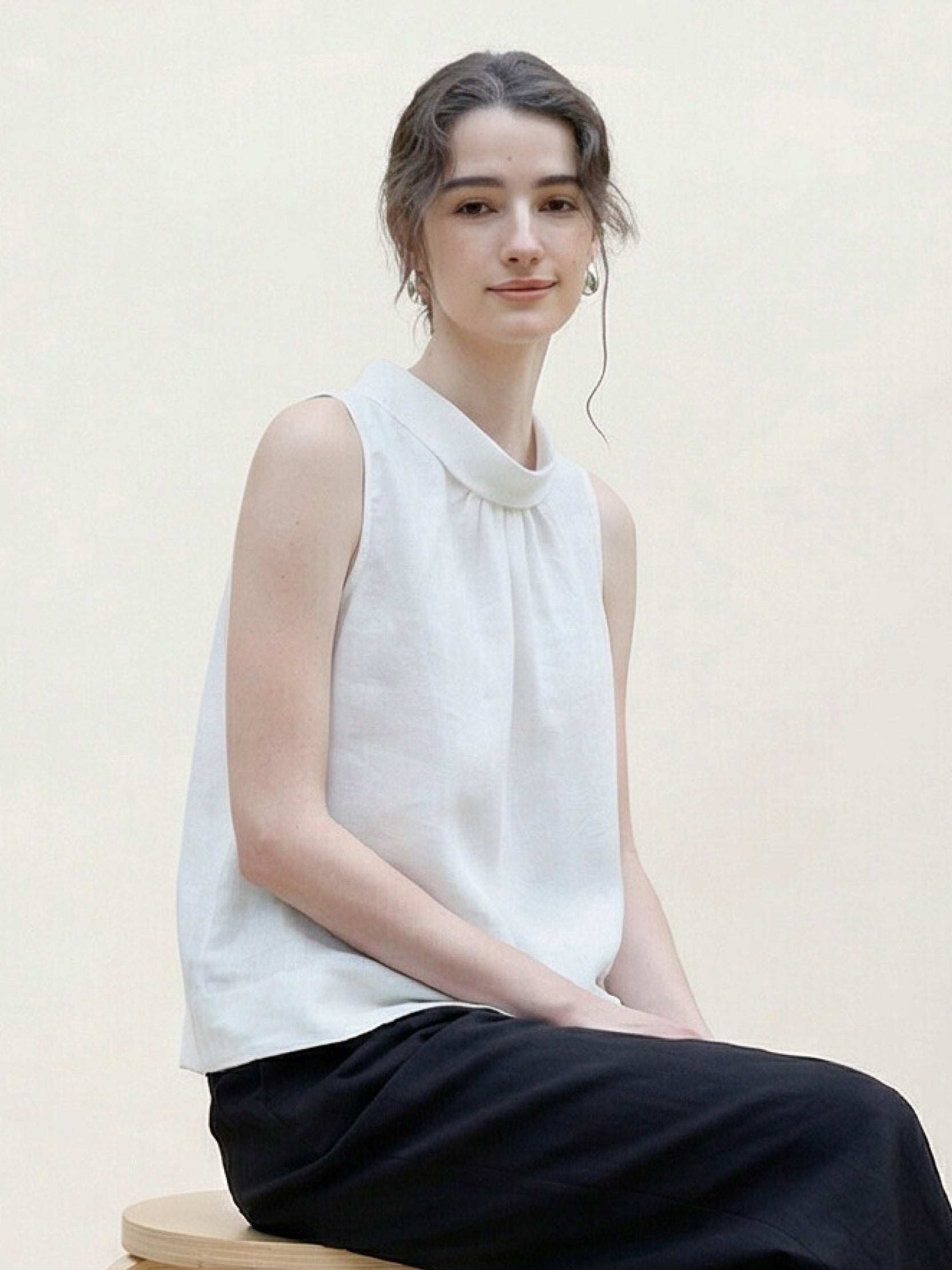 100% linen sleeveless cowl-collar top with boxy fit and natural texture