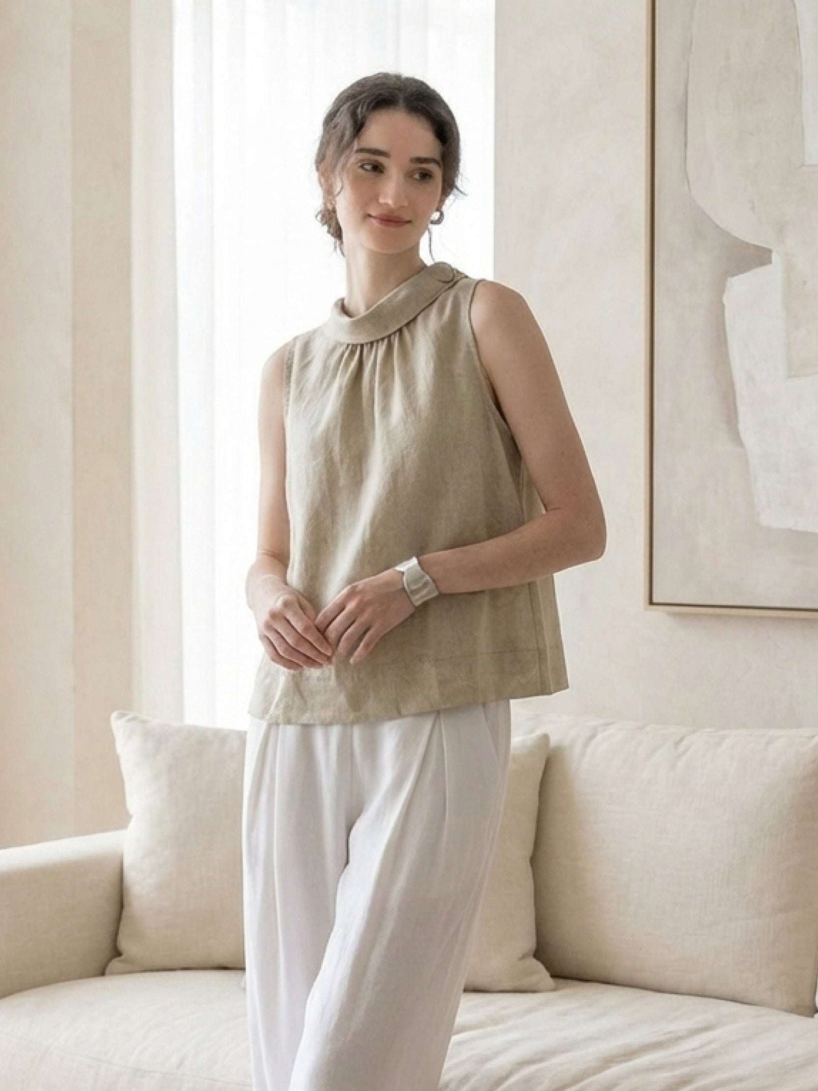 100% linen sleeveless cowl-collar top with relaxed boxy fit and natural crinkle texture