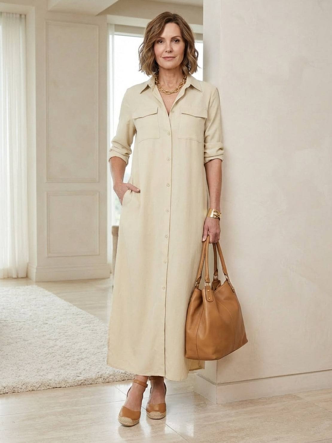 Wrinkle-free maxi button-down dress with point collar, chest pockets, and side slits