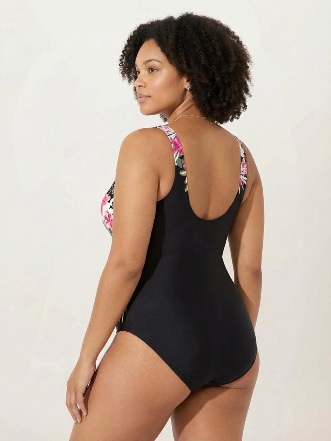 Curve-Fit Open-Back Swimsuit with scoop front, deep V back, adjustable straps, and diagonal panel detailing.