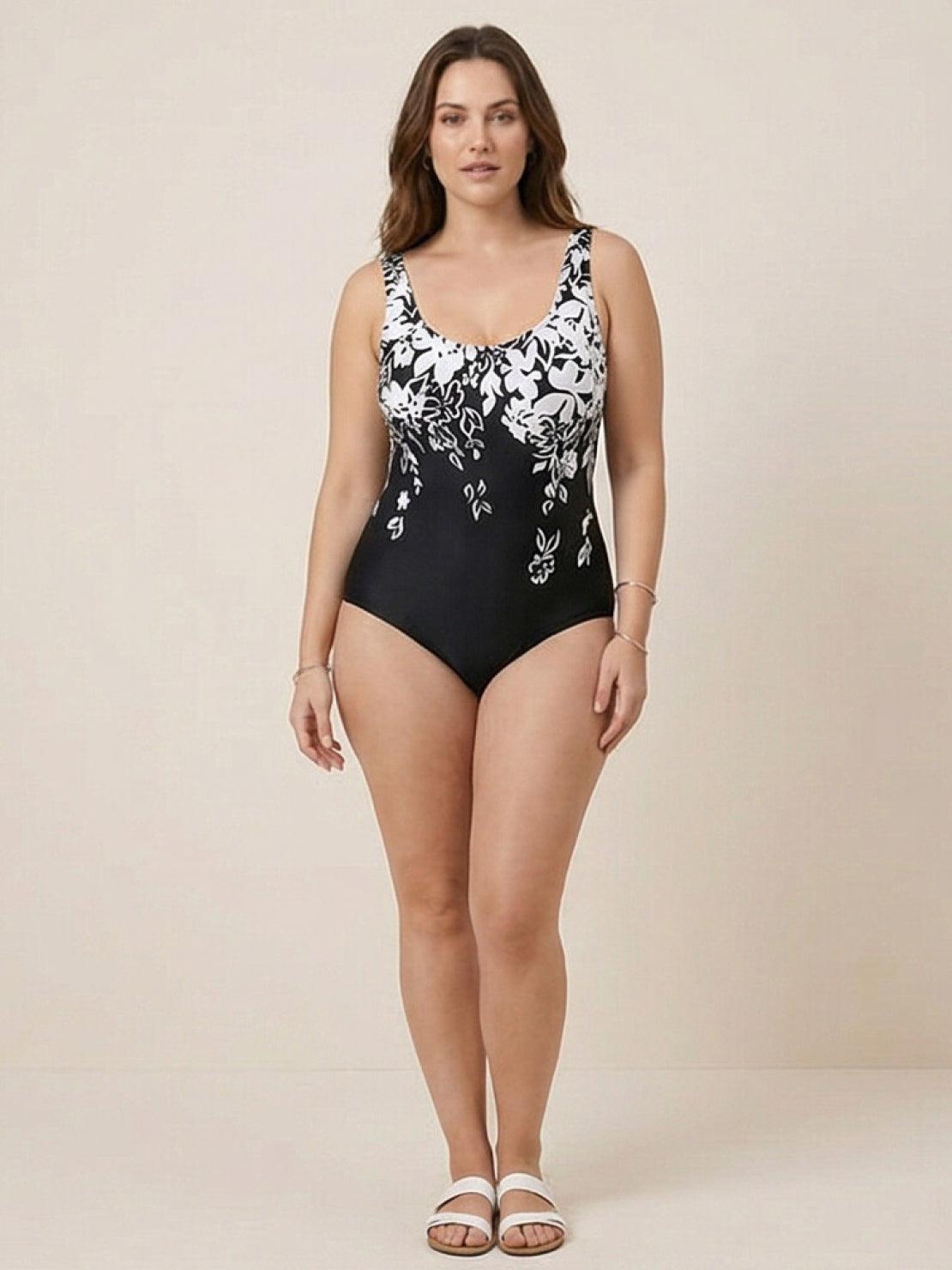 Curve-Fit Open-Back Swimsuit with deep V-back and adjustable straps in black polyester fabric