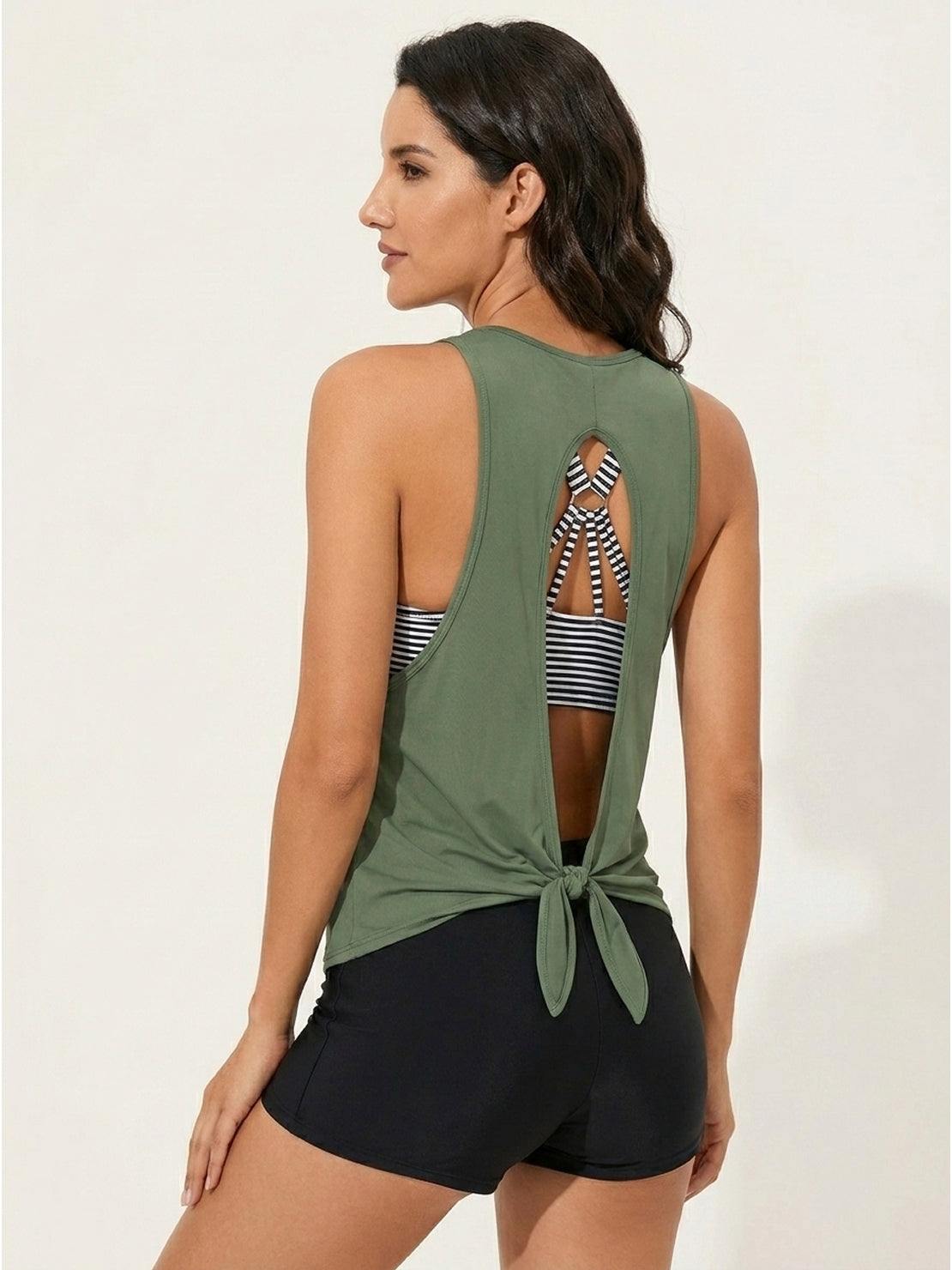 Three-piece open-back swim set with loose scoop-neck tank, printed racerback crop bra, and mid-rise boy shorts
