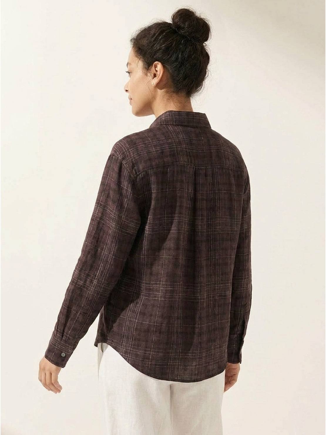 Lightweight 100% cotton sheer plaid shirt with relaxed drop-shoulder fit and mother-of-pearl buttons
