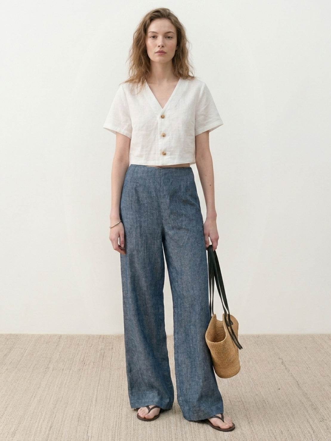 Pure linen yarn-dyed wide palazzo leg long pants with high-rise elastic waist and natural slub texture