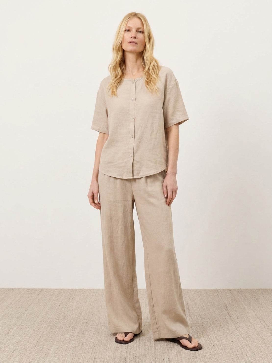 100% cotton navy blue two-piece set with button-front shirt and wide-leg pants