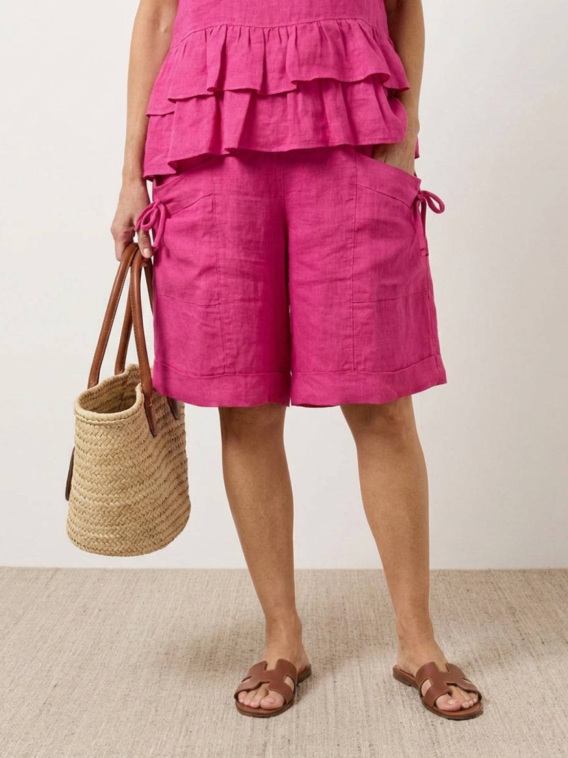 Cotton relaxed shorts and matching ruffle-detail top two-piece co-ord set in soft linen-look fabric
