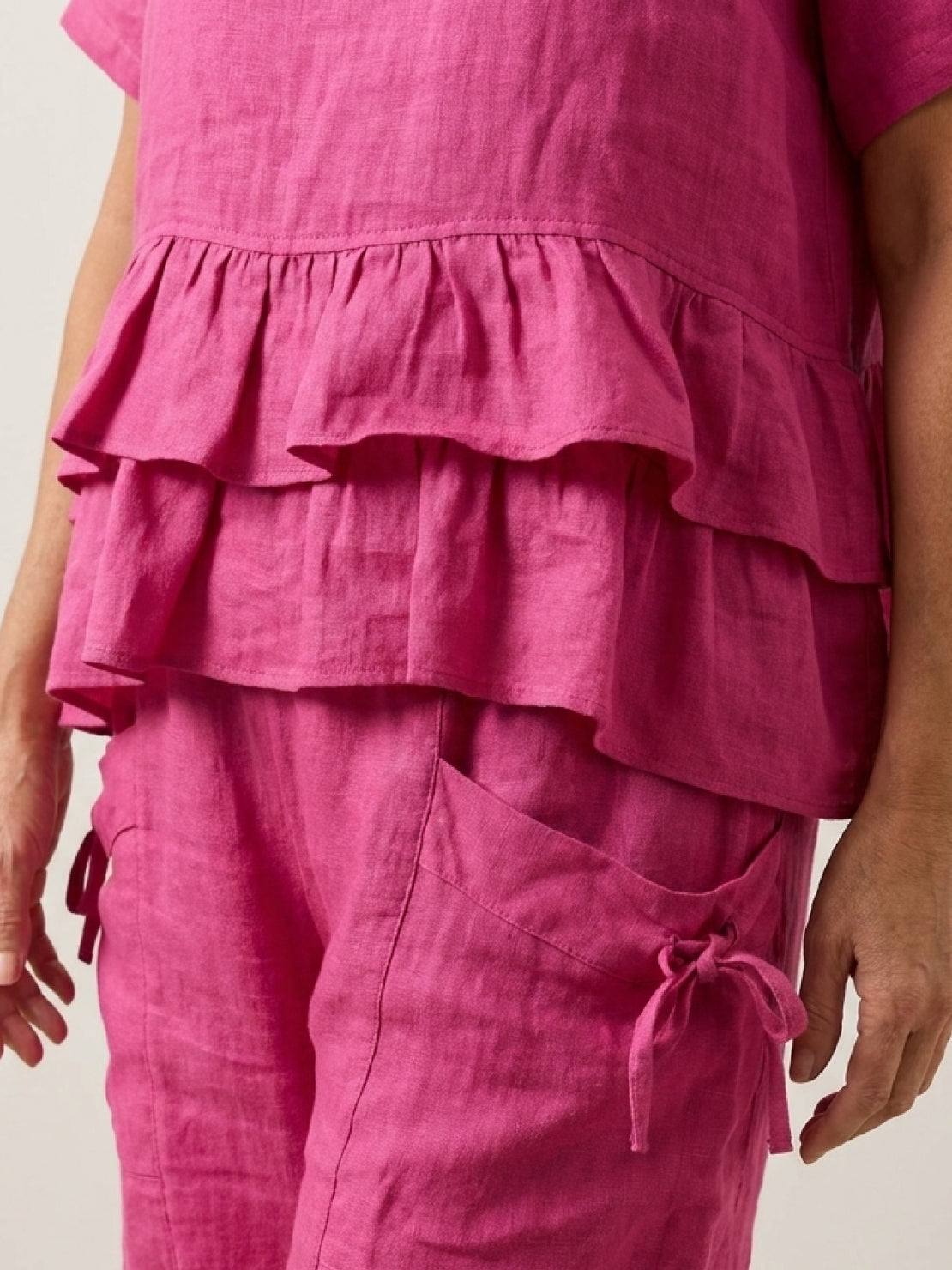 Cotton relaxed shorts and matching short sleeve top two-piece co-ord set with ruffle hem and side pockets in multiple colors