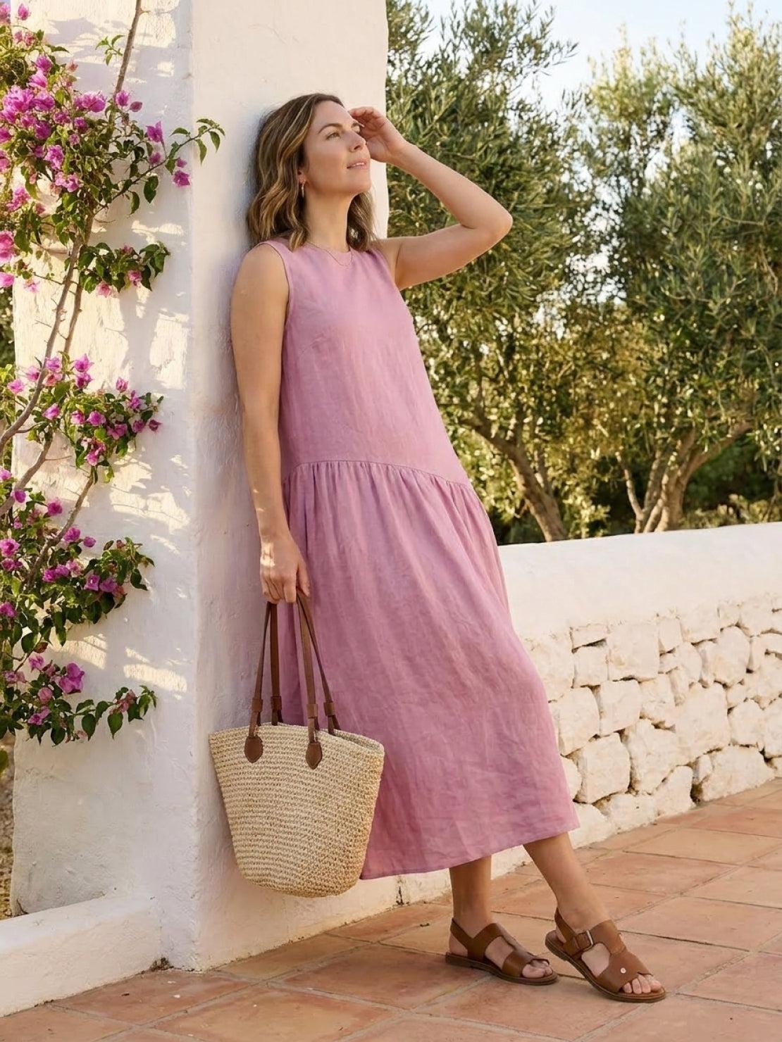 Cotton-linen summer midi dress with tiered skirt and relaxed drop-waist silhouette in lightweight fabric