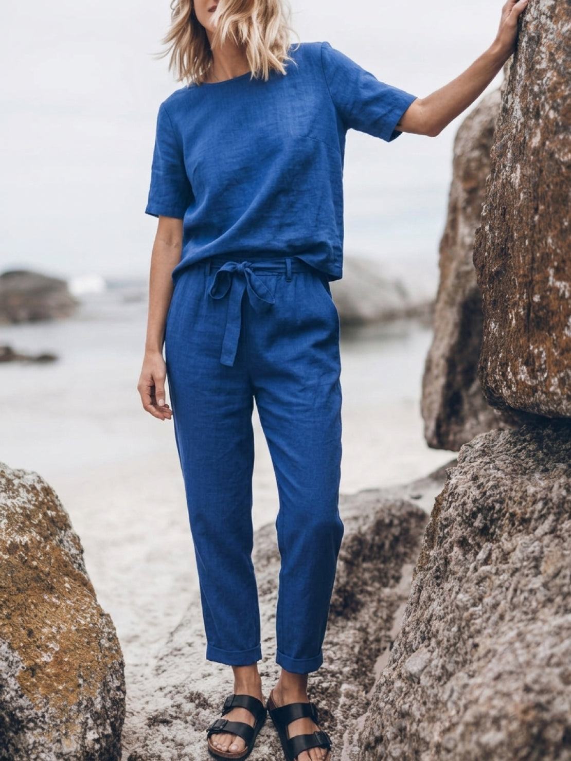 Cotton-Linen Set relaxed short-sleeve top and straight-leg pants in soft breathable fabric with natural texture