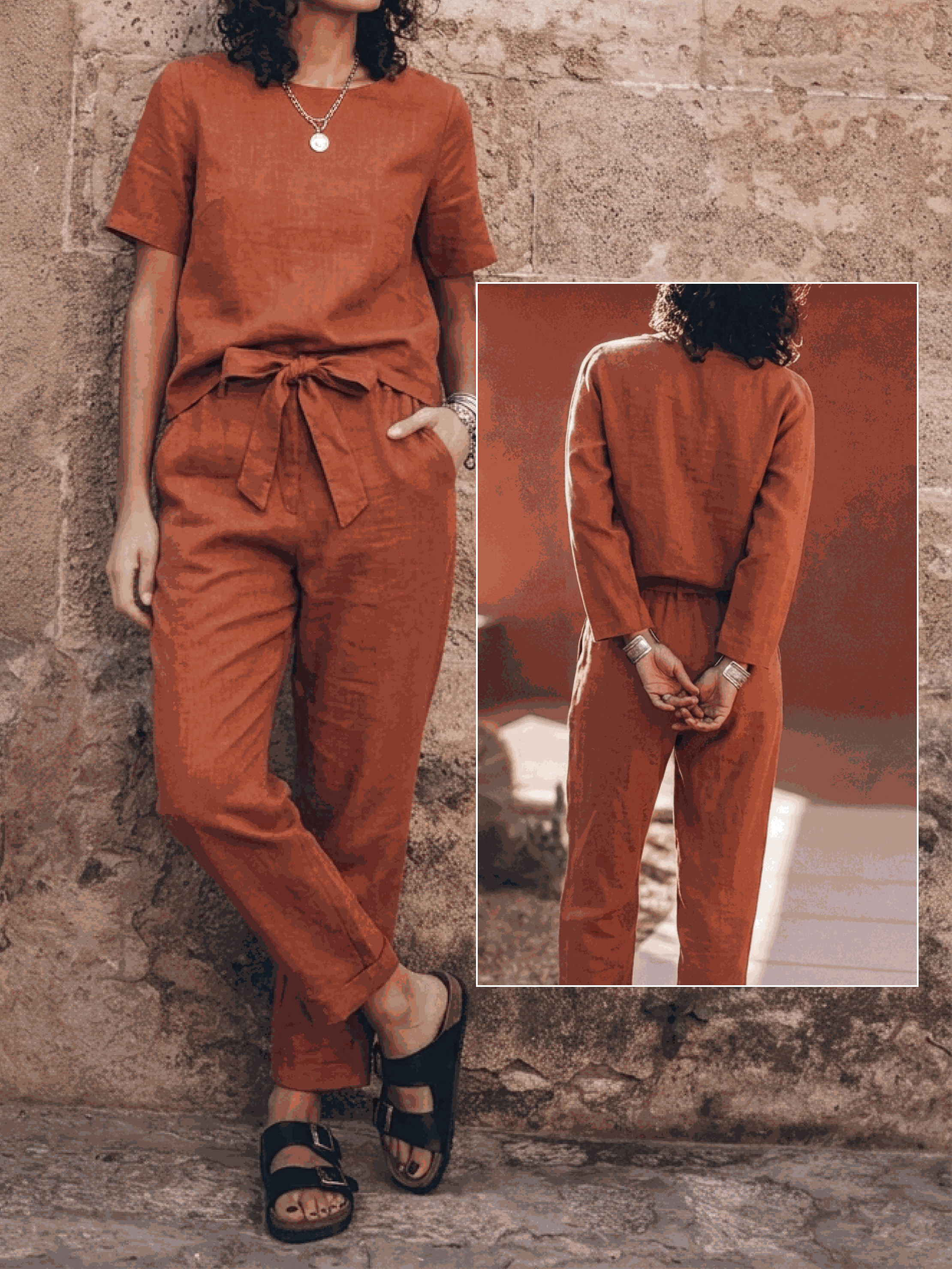Relaxed cotton-linen set with short-sleeve top and straight-leg pants in monochrome tones