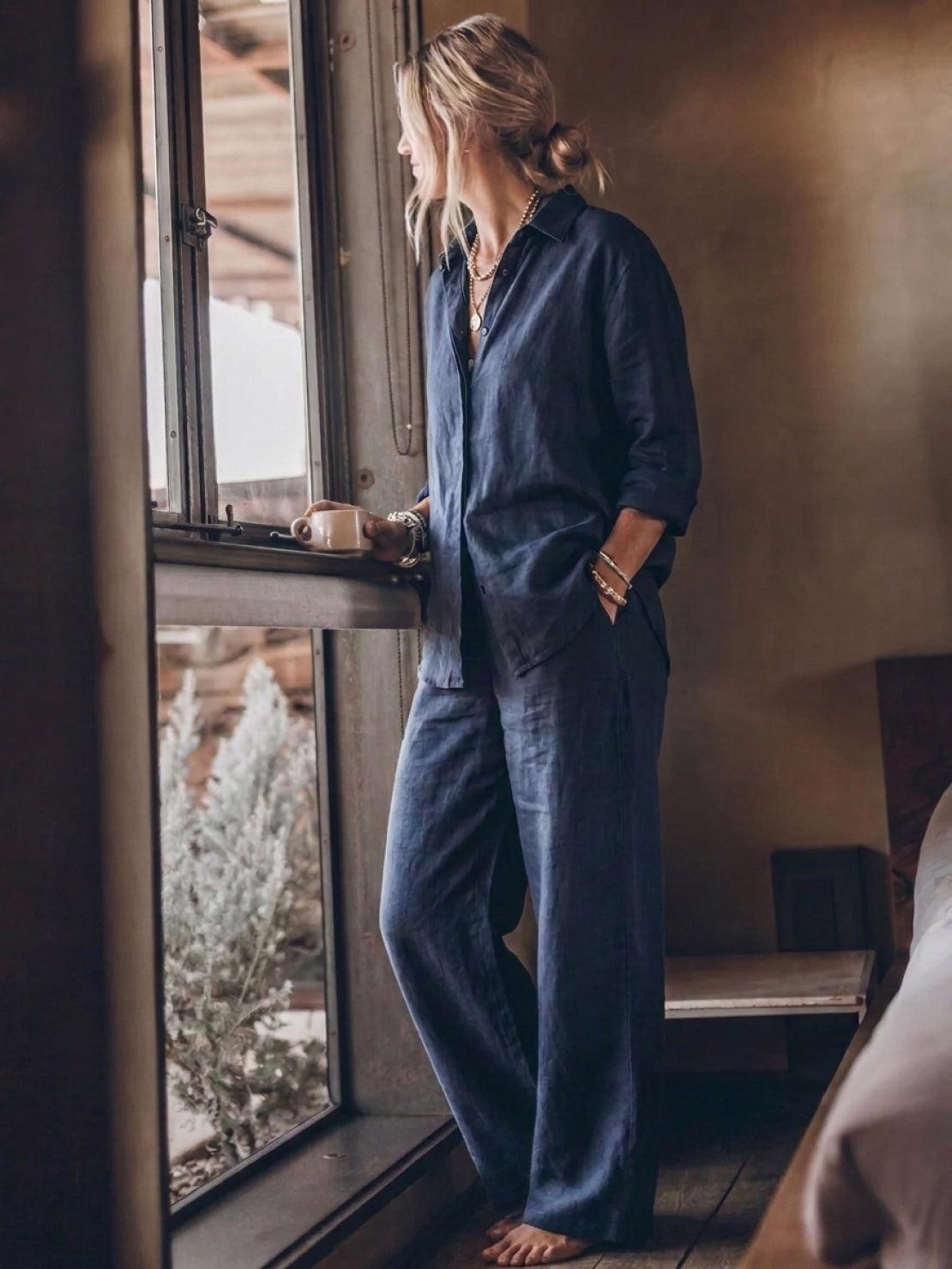 Model wearing an oversized 100% cotton shirt with wide-leg pants co-ord set in a relaxed, breathable fit.