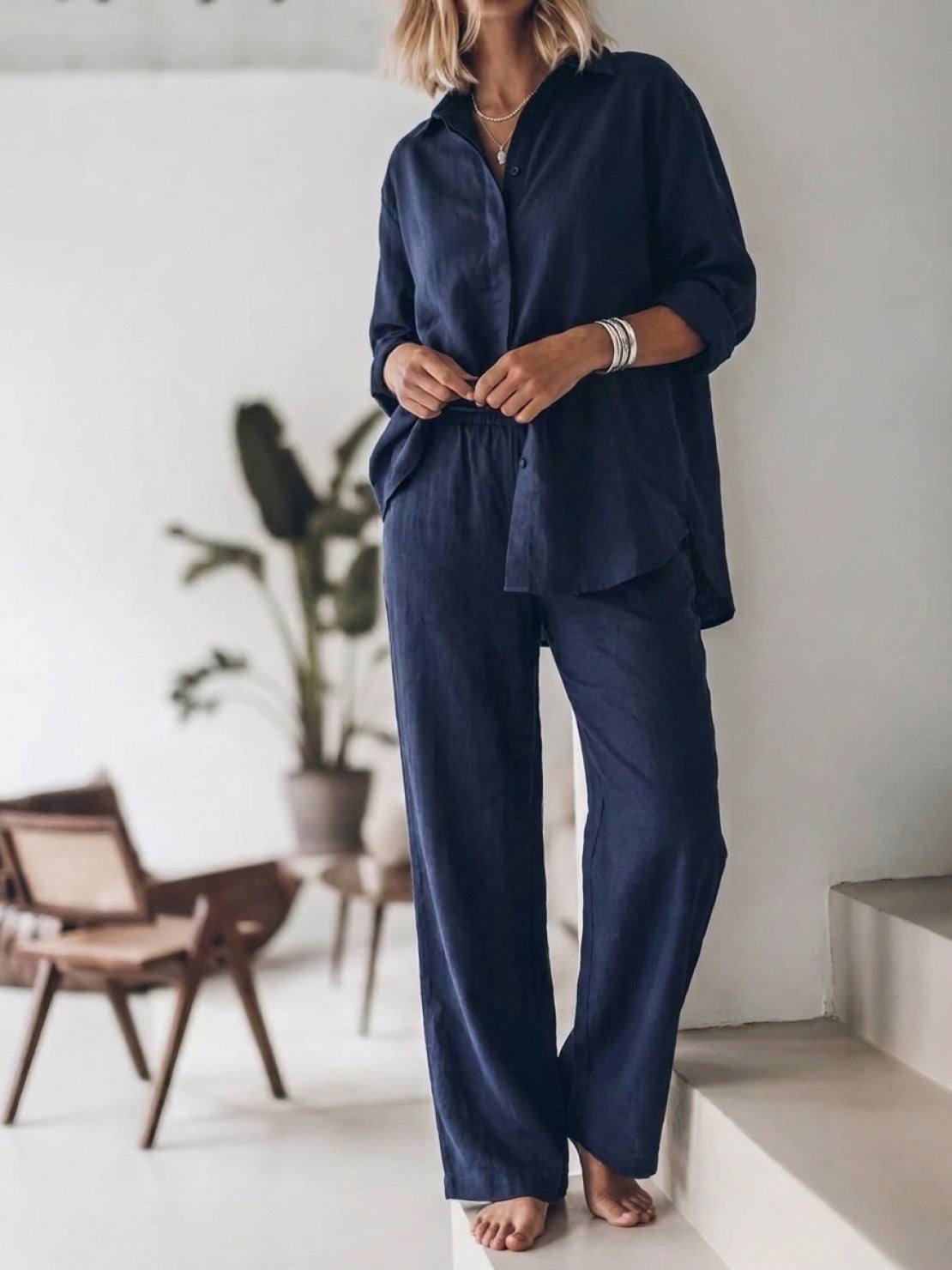 Model wearing oversized 100% cotton shirt and wide-leg pants co-ord set in relaxed fit