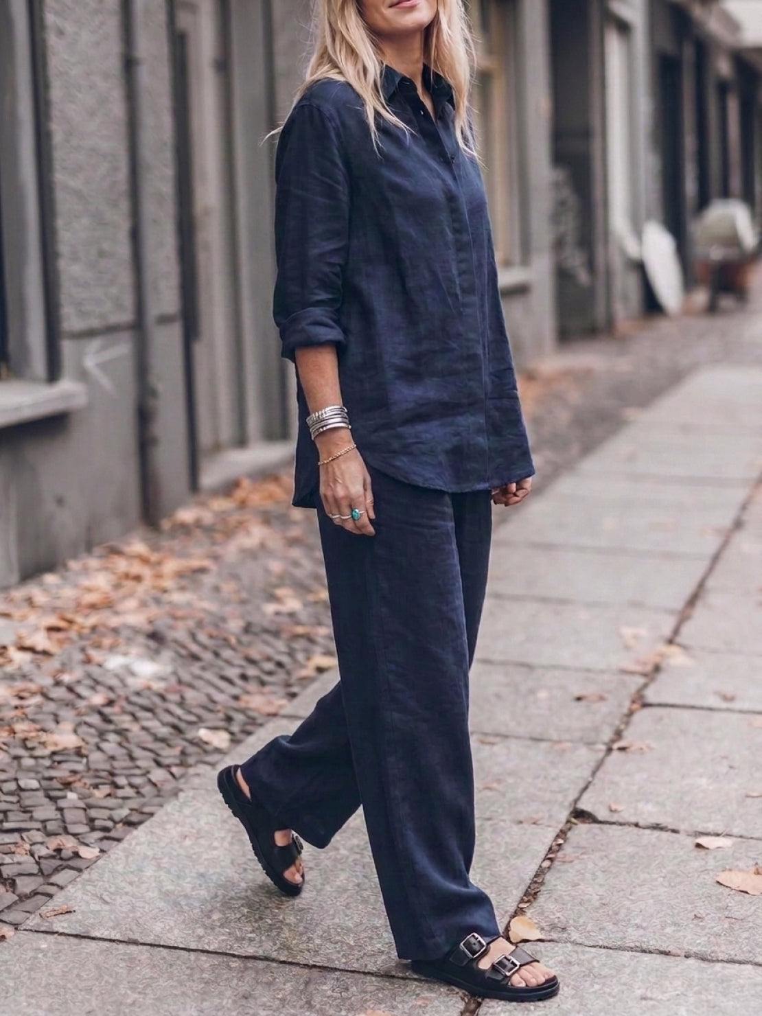 Model wearing an oversized 100% cotton shirt and wide-leg pants co-ord set in a relaxed fit