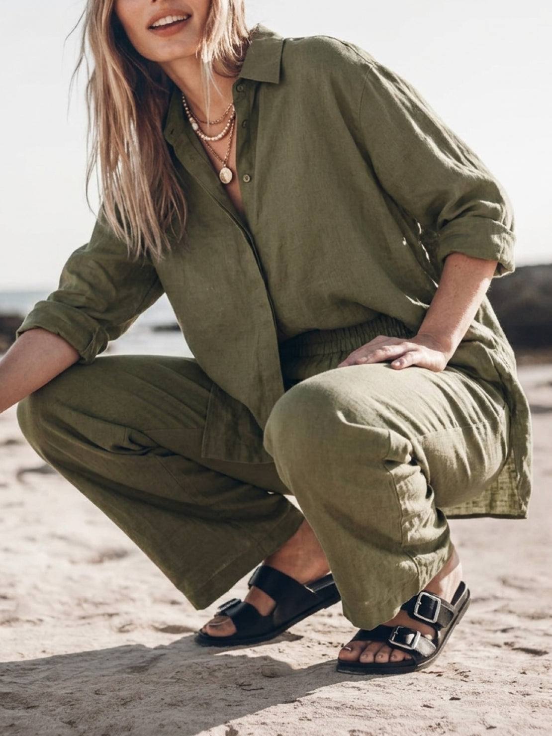 Model wearing an oversized 100% cotton shirt and wide-leg pants co-ord set in a relaxed fit