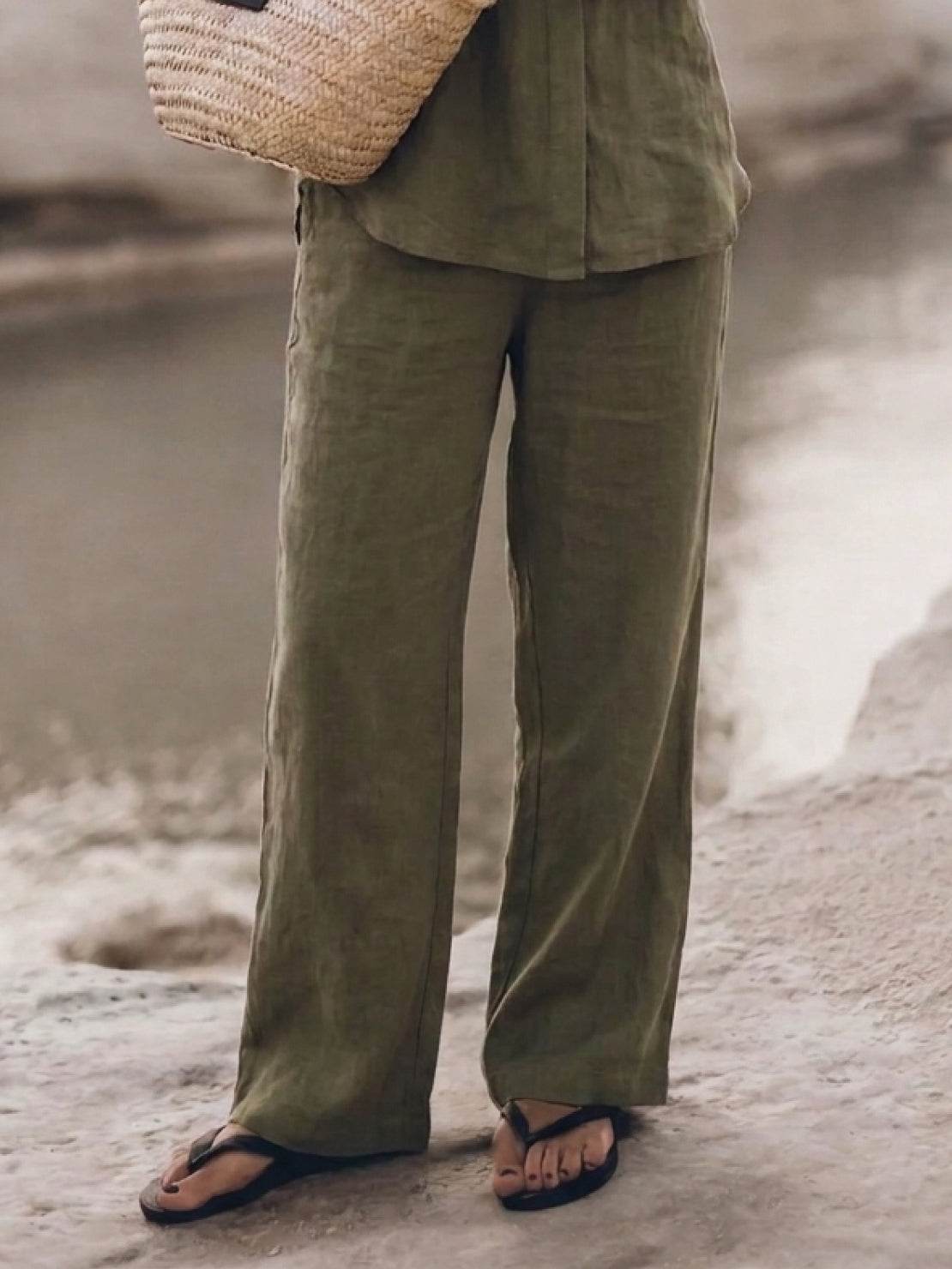 Model wearing oversized 100% cotton shirt with wide-leg pants co-ord set, relaxed fit and breathable fabric