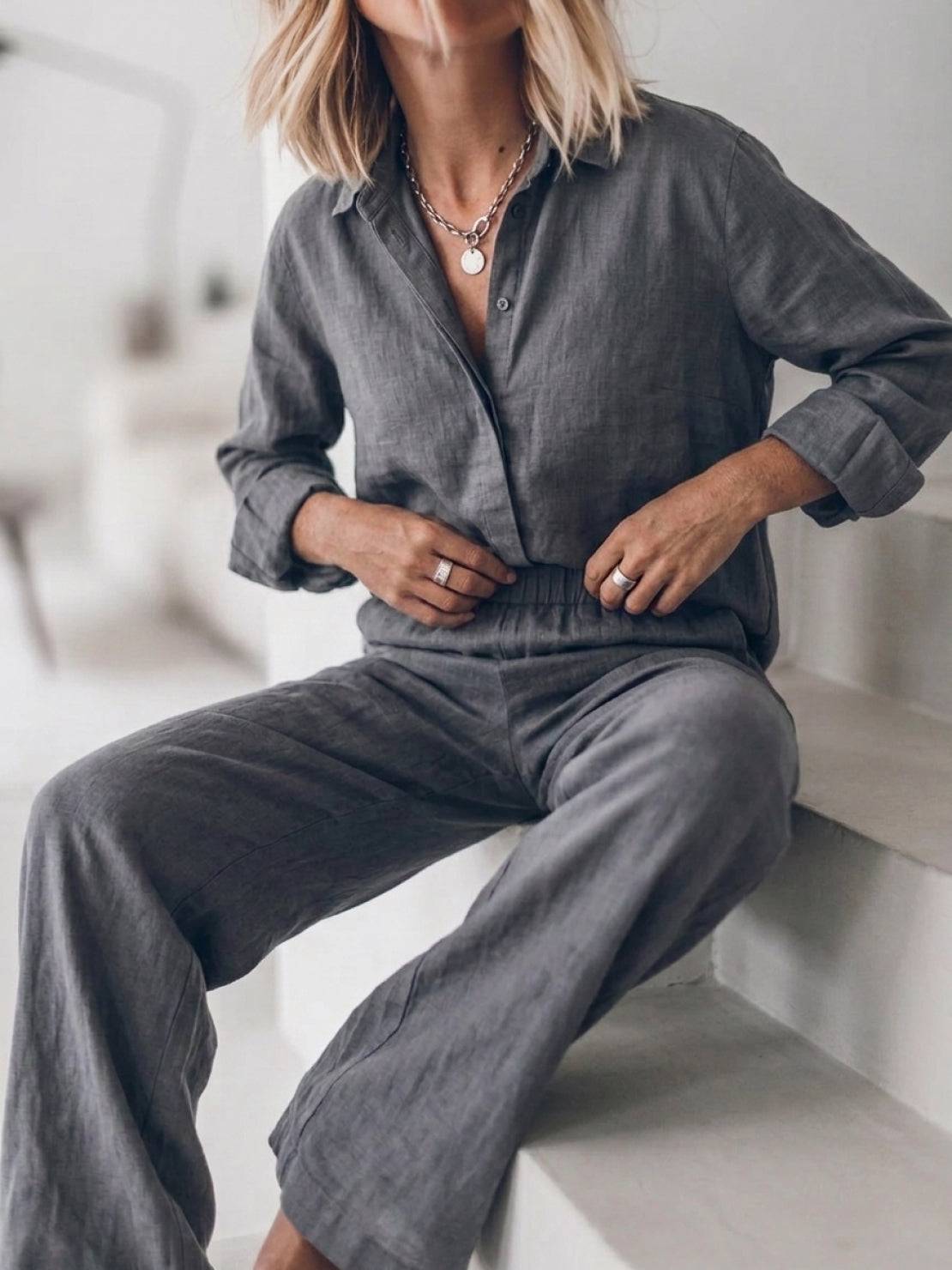 Model wearing oversized 100% cotton shirt and wide-leg pants co-ord set in relaxed, breathable fabric