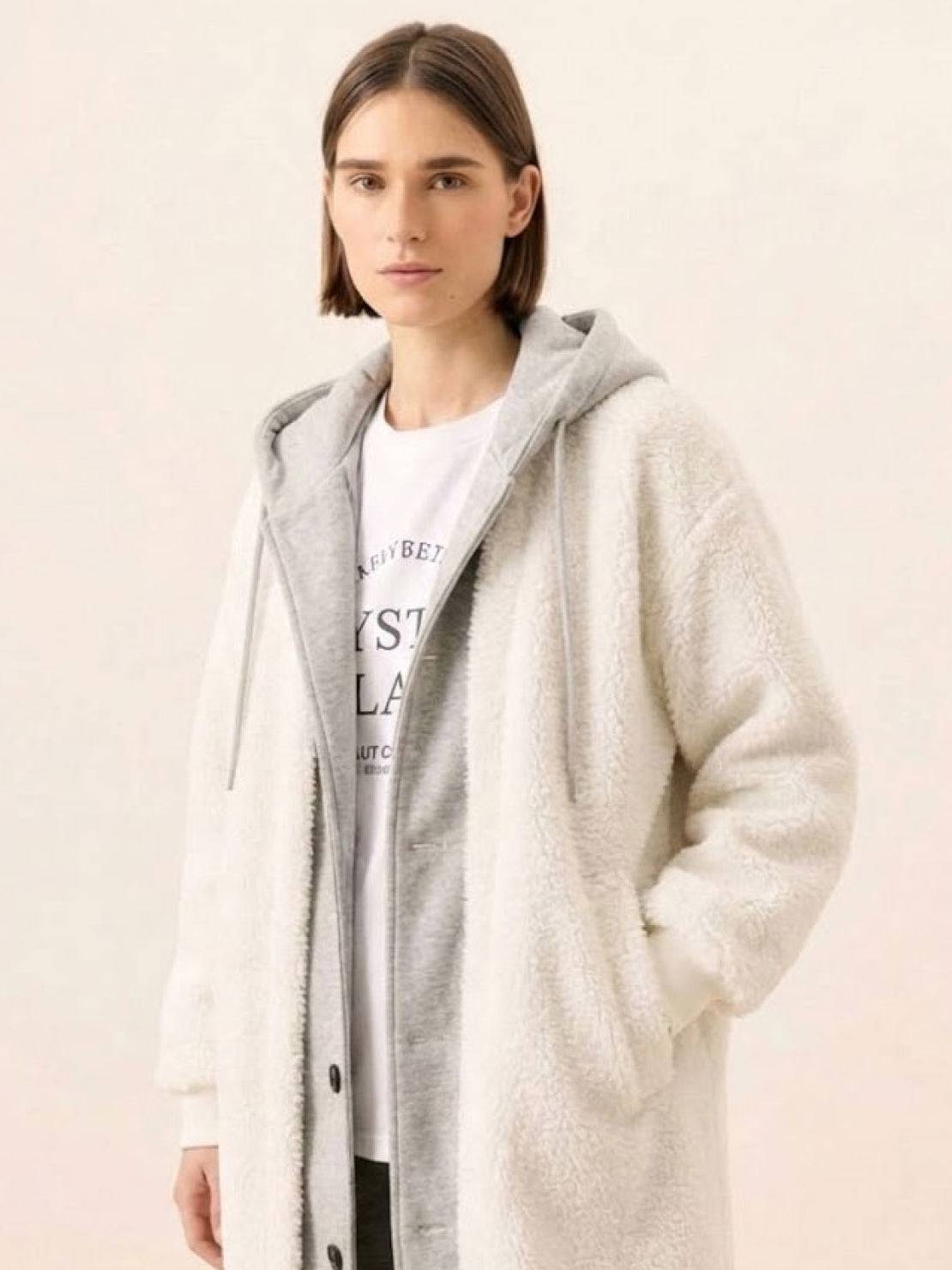 Everyday wear oversized sherpa long coat with cozy soft fabric and flattering silhouette in white