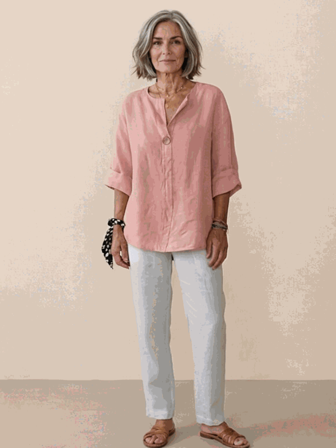 white pure linen age-defying shirt with button details on hanger against white background