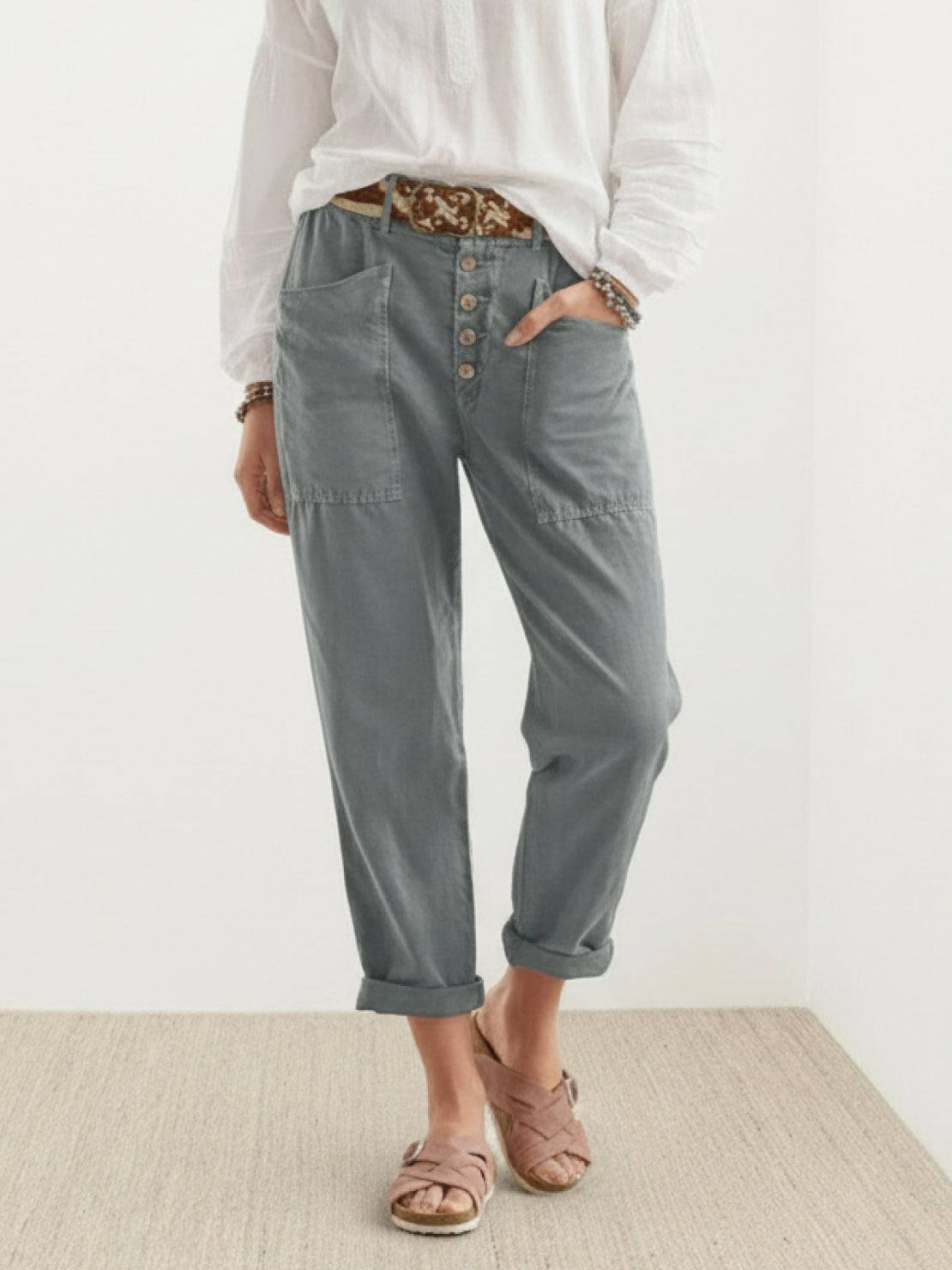 Casual button-down utility-chic trousers with deep pockets and rolled cuffs in soft durable fabric