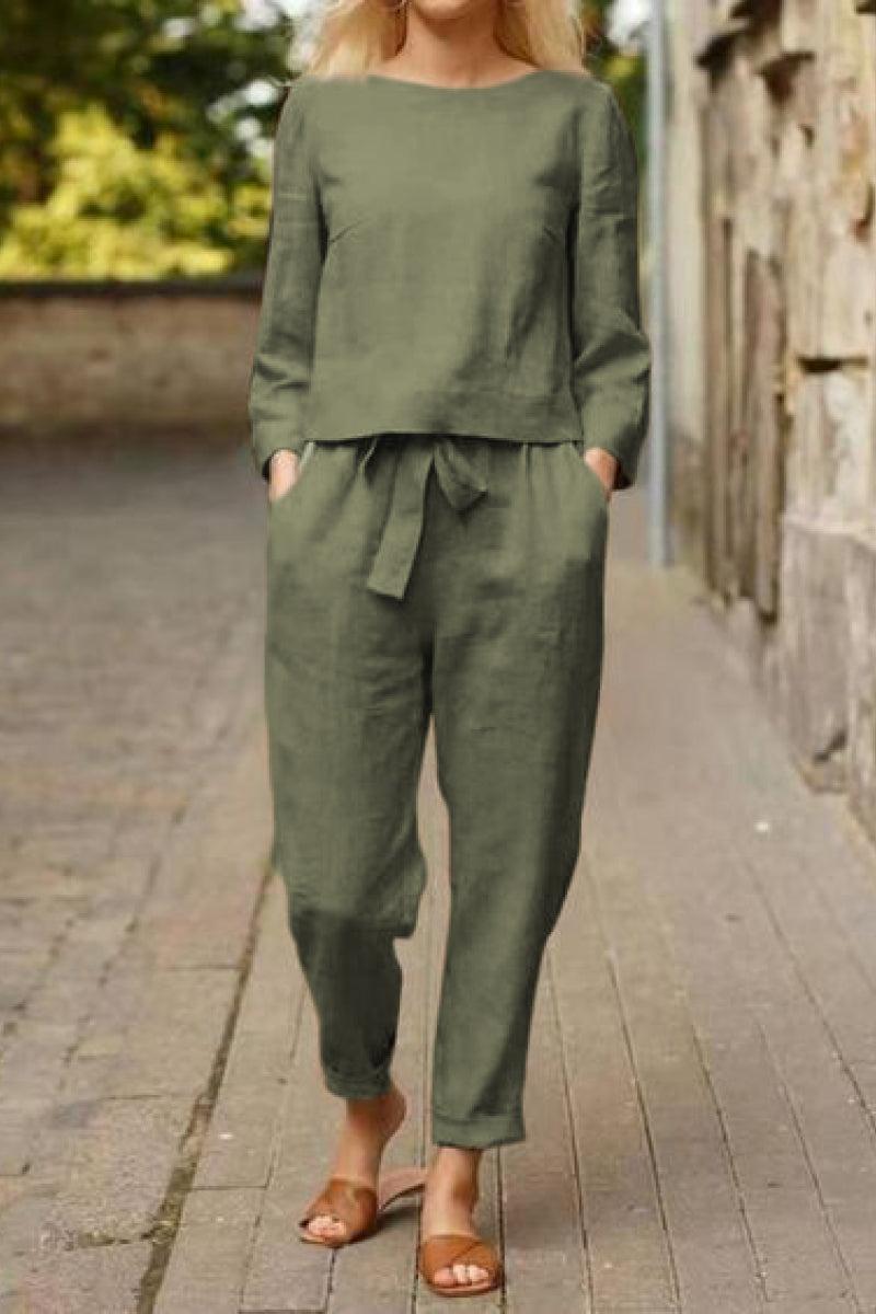 Minimalist cotton-linen monochrome set with relaxed longline top and wide-leg pants in olive green