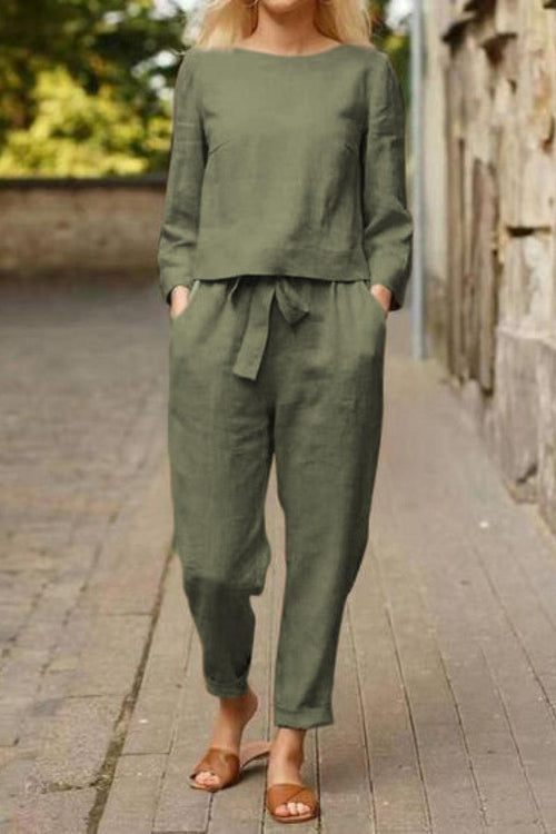Minimalist cotton-linen monochrome set with relaxed longline top and wide-leg pants in olive green