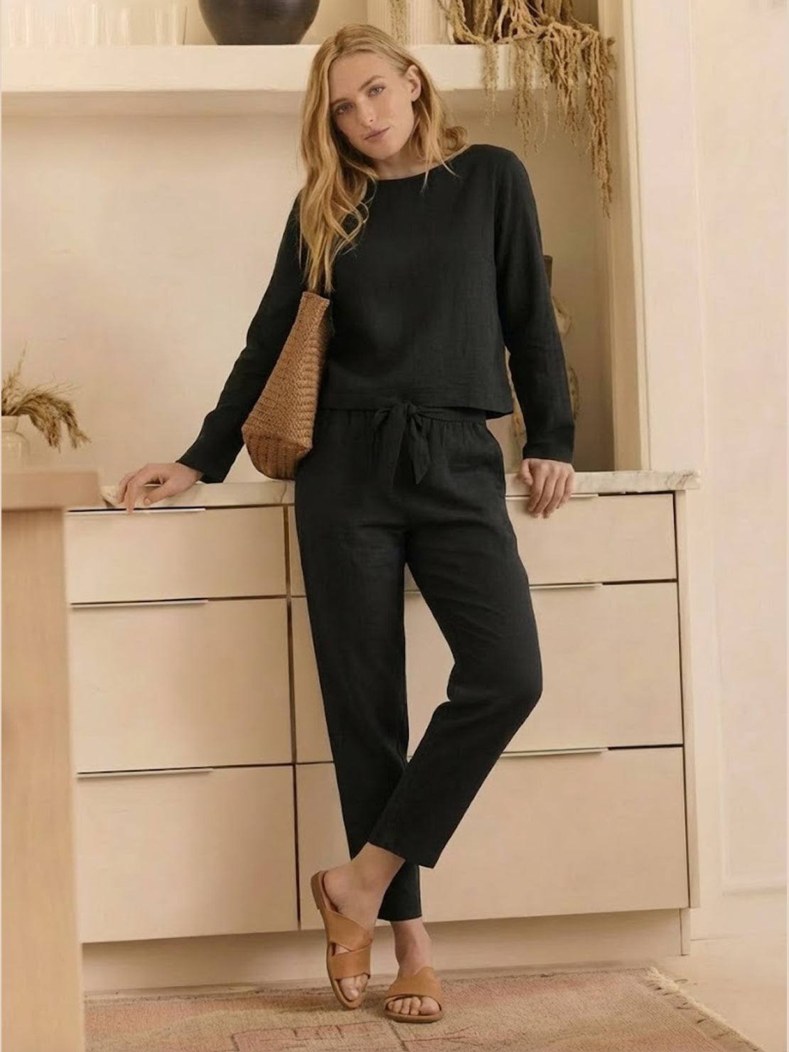 Cotton-linen monochrome relaxed longline top and wide-leg pants set