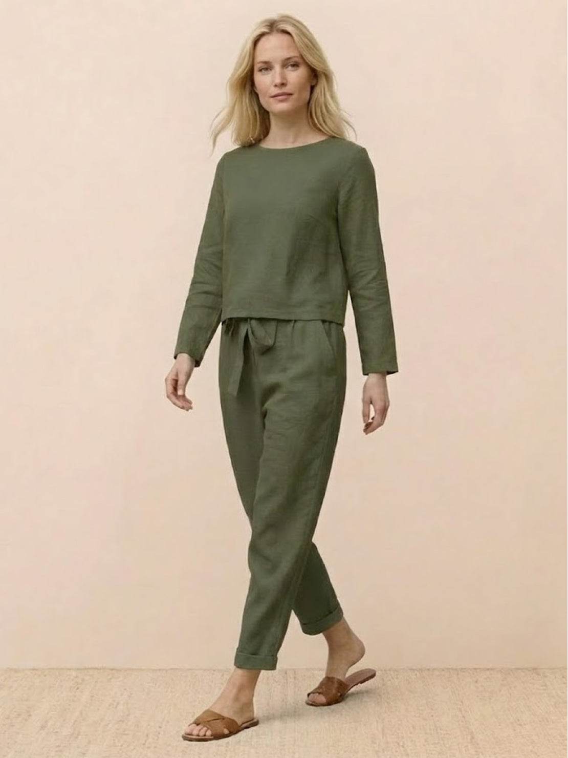 Cotton-Linen monochrome two-piece set with relaxed longline top and wide-leg pants in natural fabric blend