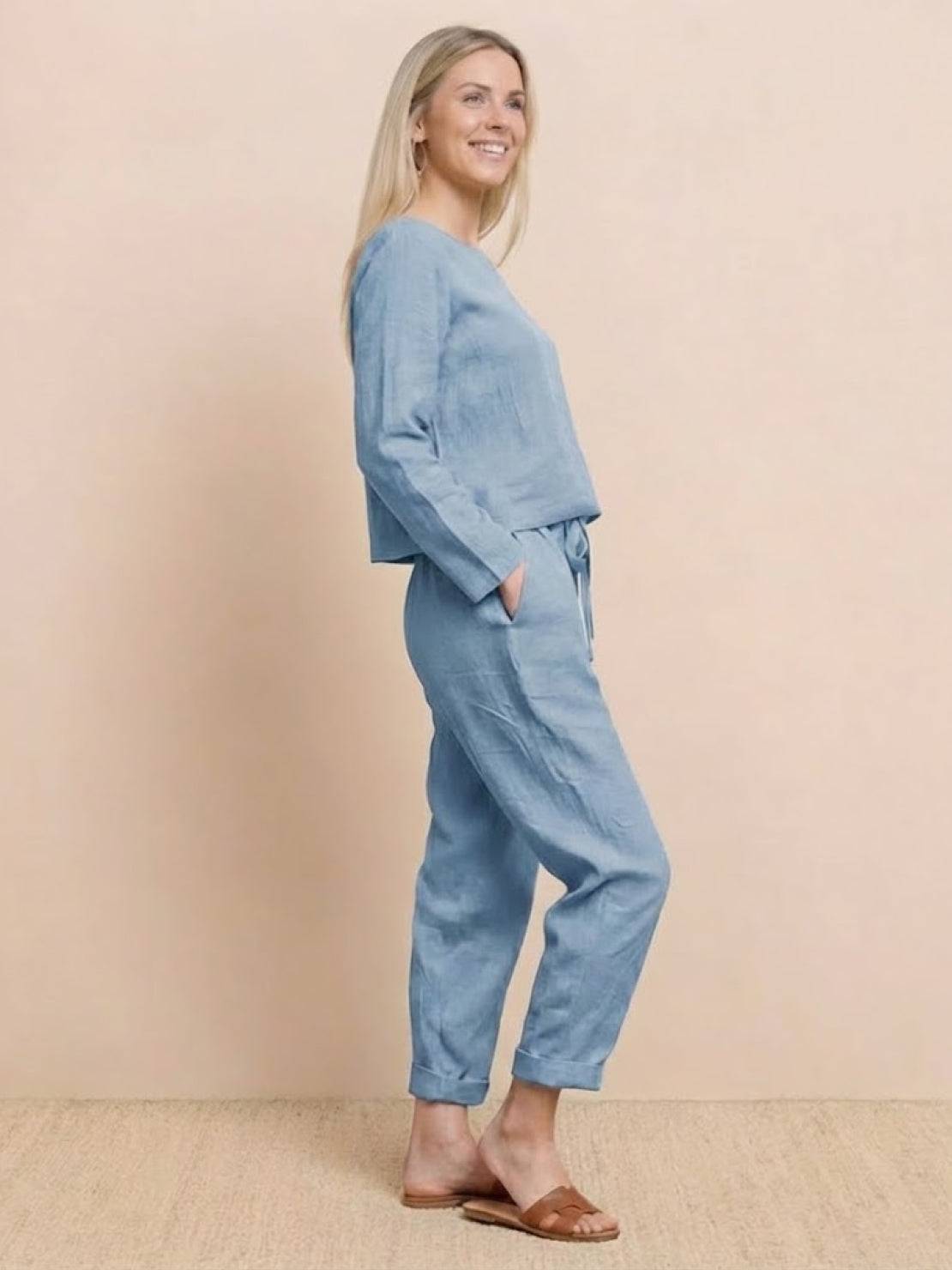 Woman wearing relaxed cotton-linen monochrome longline top and wide-leg pants set