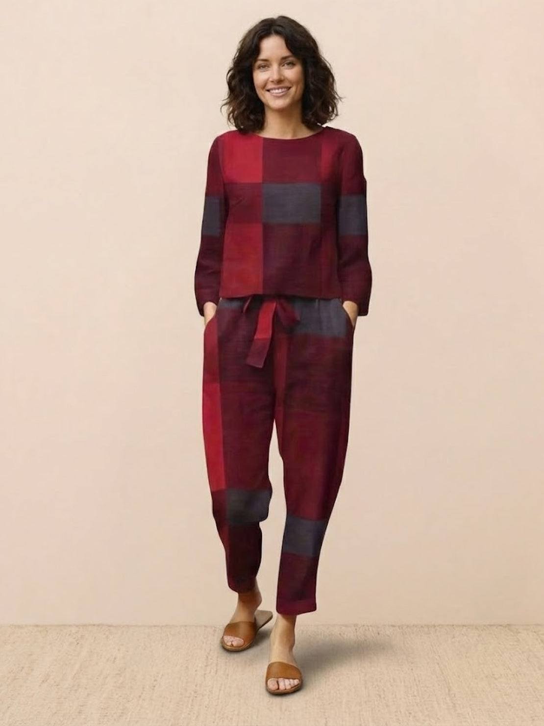 Cotton-linen monochrome minimalist women's relaxed longline top and wide-leg pants set