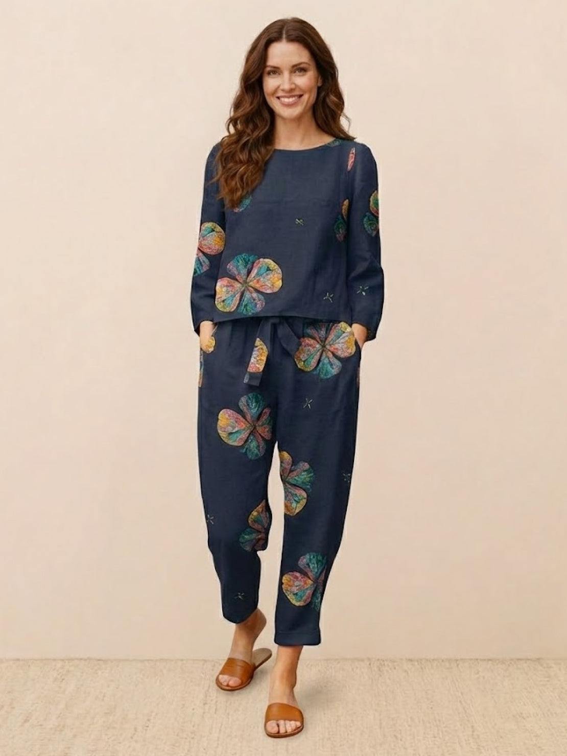 Cotton-linen monochrome relaxed longline top and wide-leg pants set in neutral tones