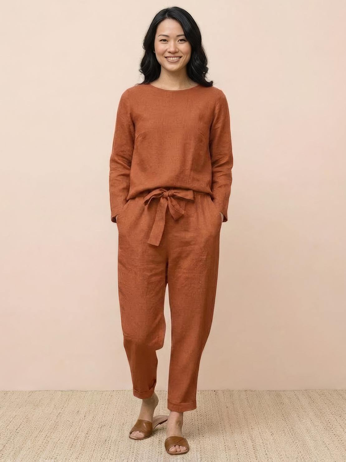 Cotton-linen monochrome relaxed longline top and wide-leg pants set in neutral tones