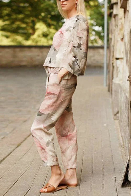 cotton-linen monochrome capsule relaxed longline top and wide-leg pants set in soft floral print