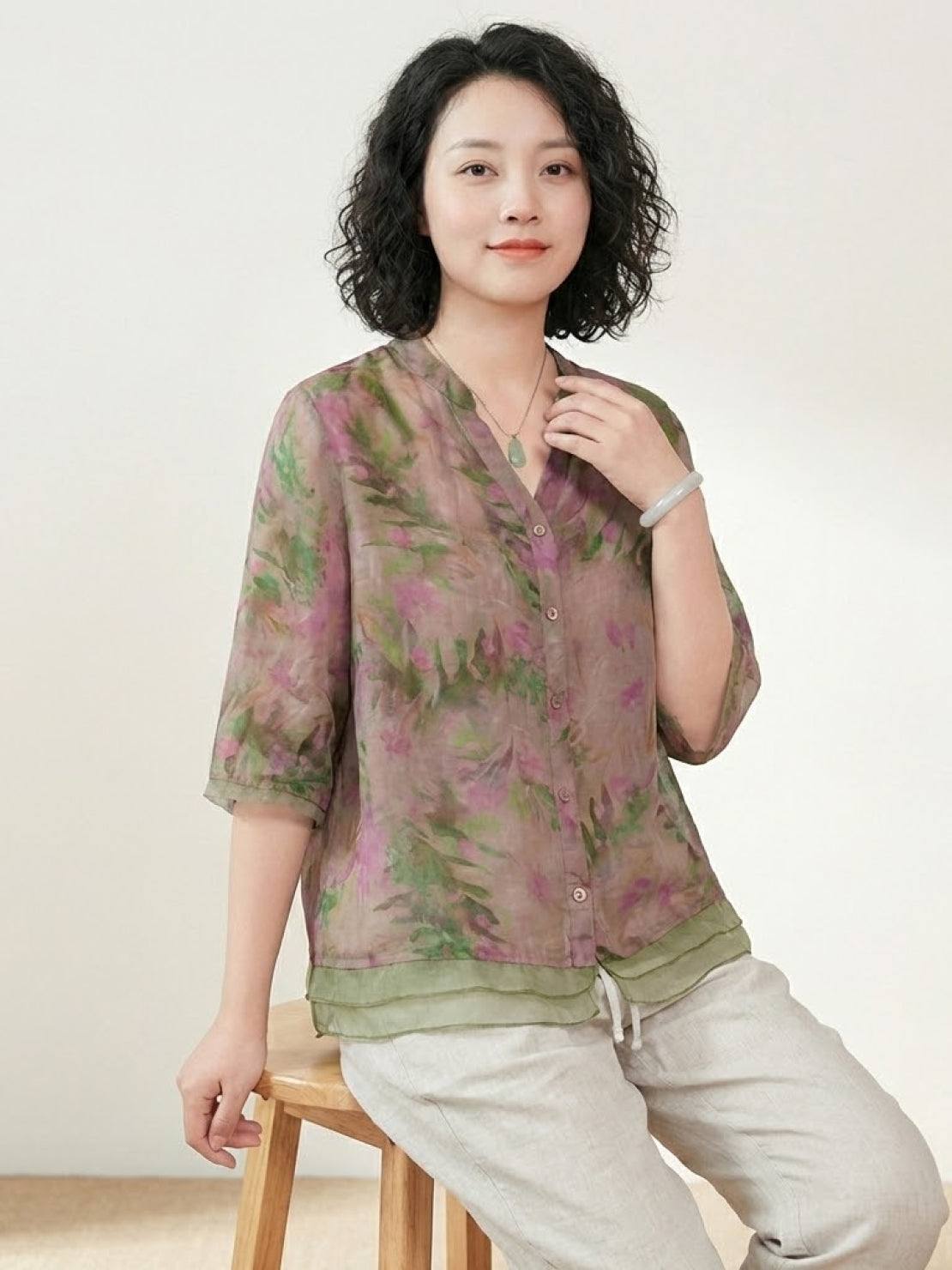 French boutique style elegant floral organza blouse with lightweight breathable fabric