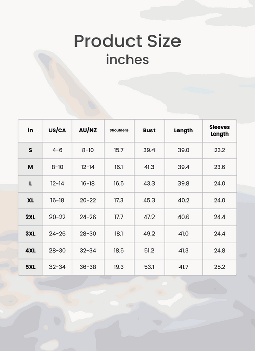 Size chart for oversized long zip sweatshirt hoodie with measurements in inches for shoulders, bust, length, and sleeves length across sizes S to 5XL
