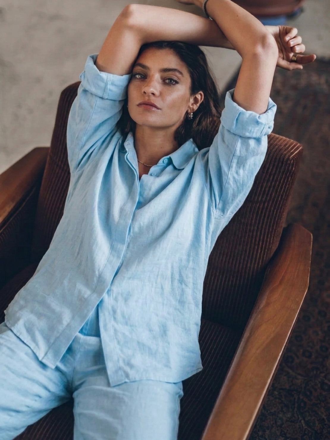 Model wearing oversized 100% cotton shirt and wide-leg pants co-ord set in a relaxed fit
