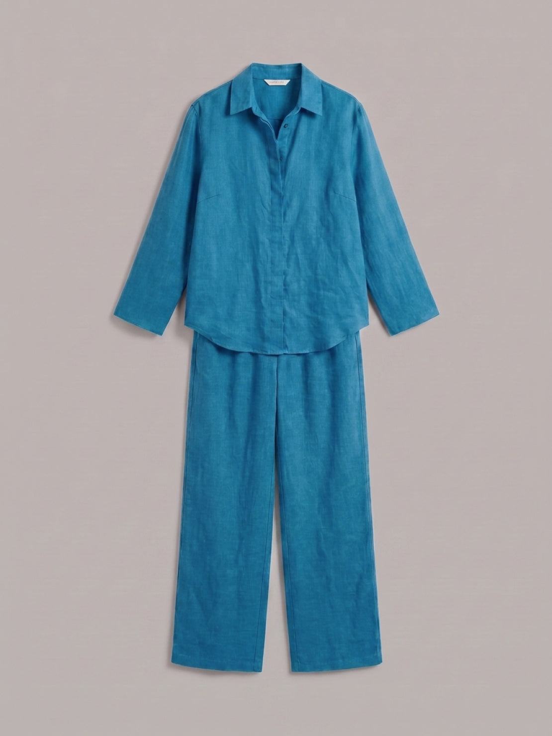 Model wearing oversized 100% cotton shirt and wide-leg pants co-ord set in relaxed fit