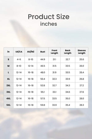 Size chart for oversized linen shirt showing bust, front length, back length, and sleeve length in inches from S to 5XL